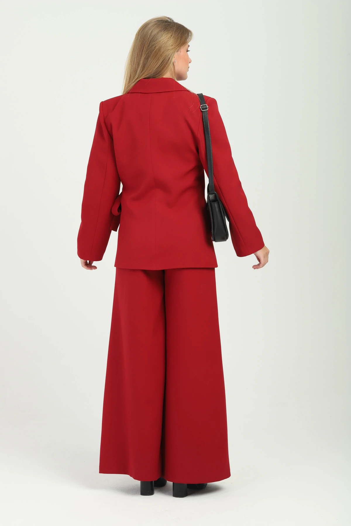 Çift Düğmeli Yandan Bağlamalı Kruvaze Nar Çiçeği Kadın Takım