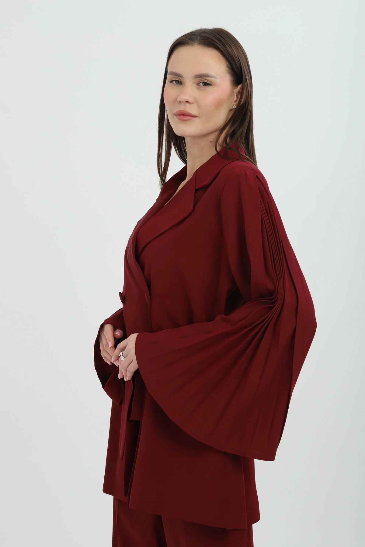 Bel Bağlamalı Piliseli Kol Bordo Kruvaze Takım