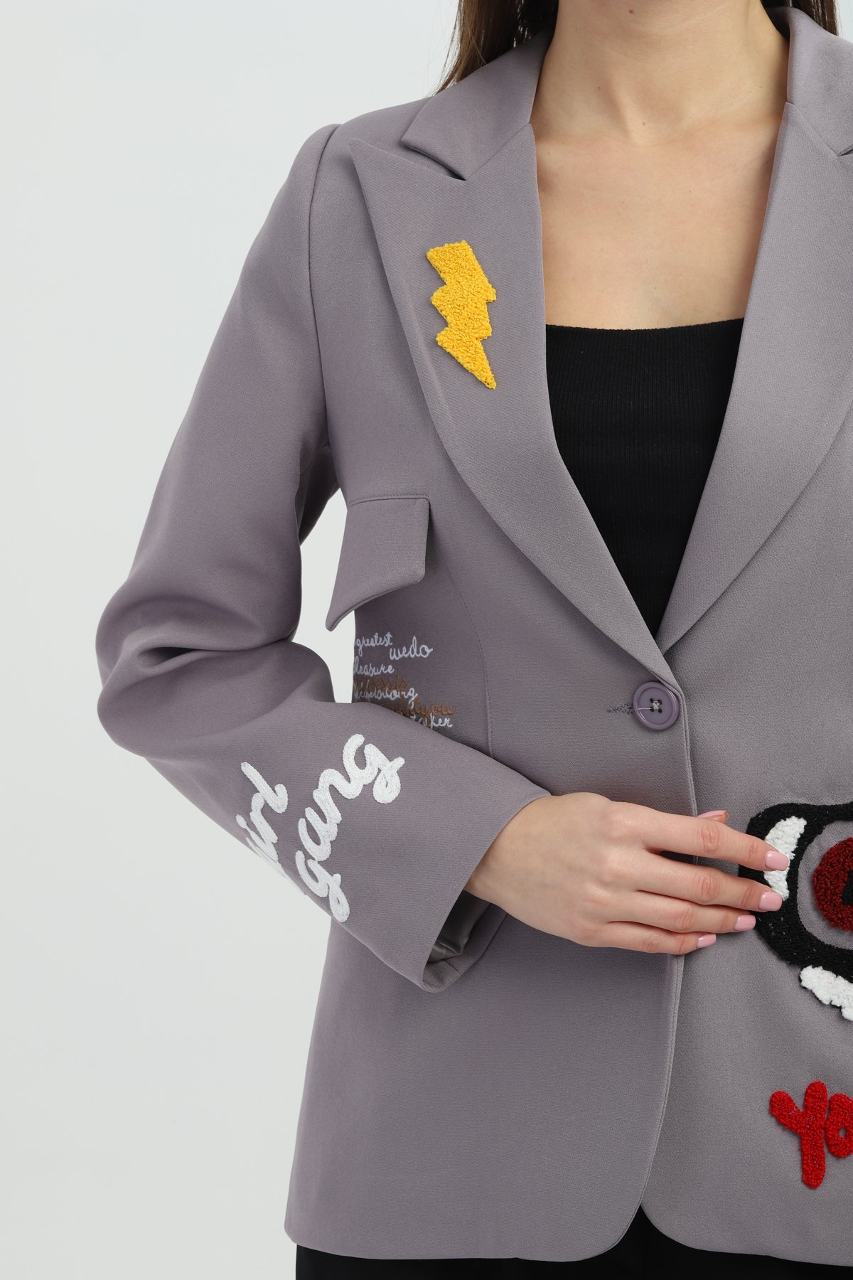 Nakışlı Gri Blazer Ceket