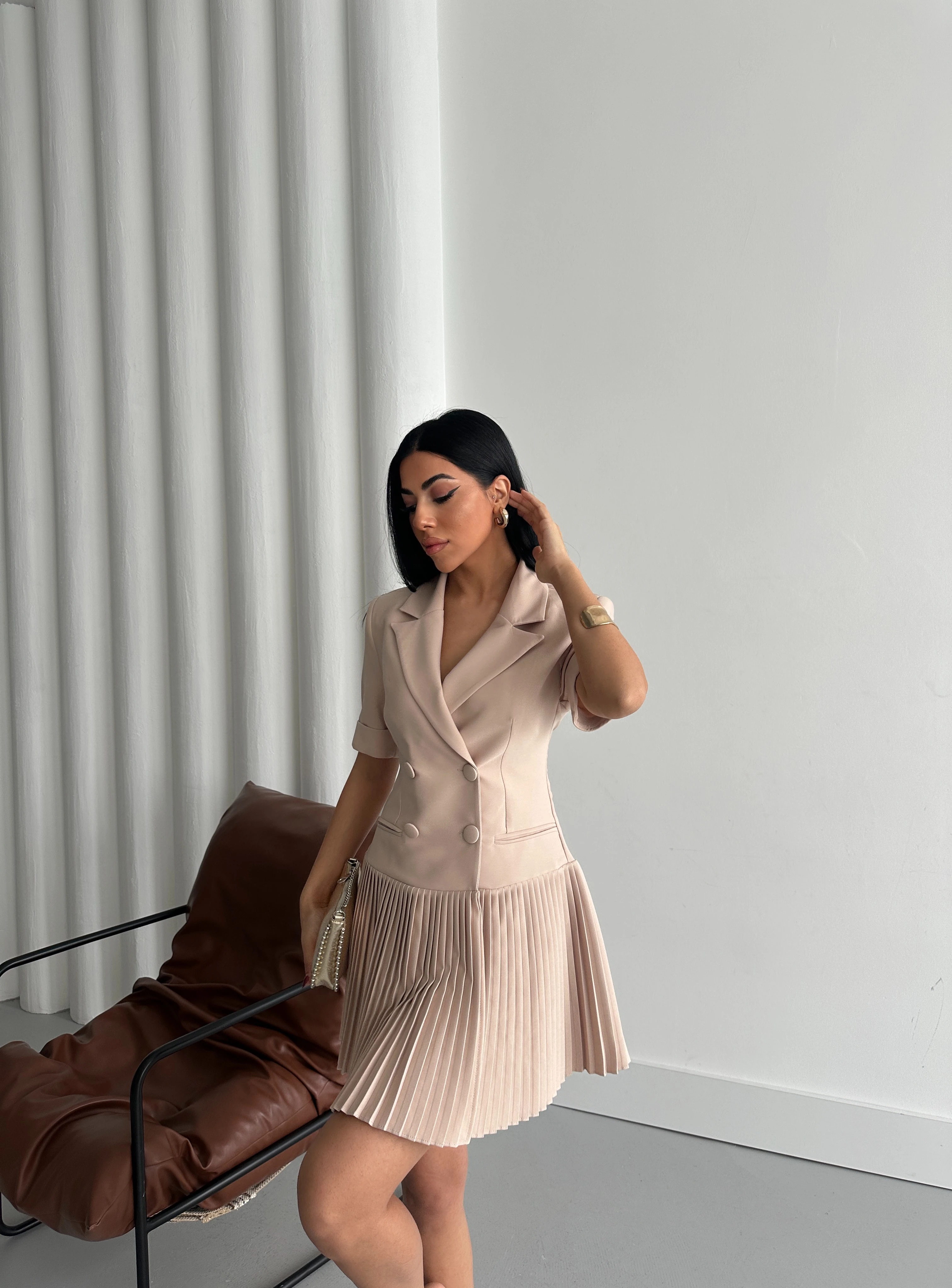 Kadın Eteği Pliseli Yarım Kol Ceket Elbise 