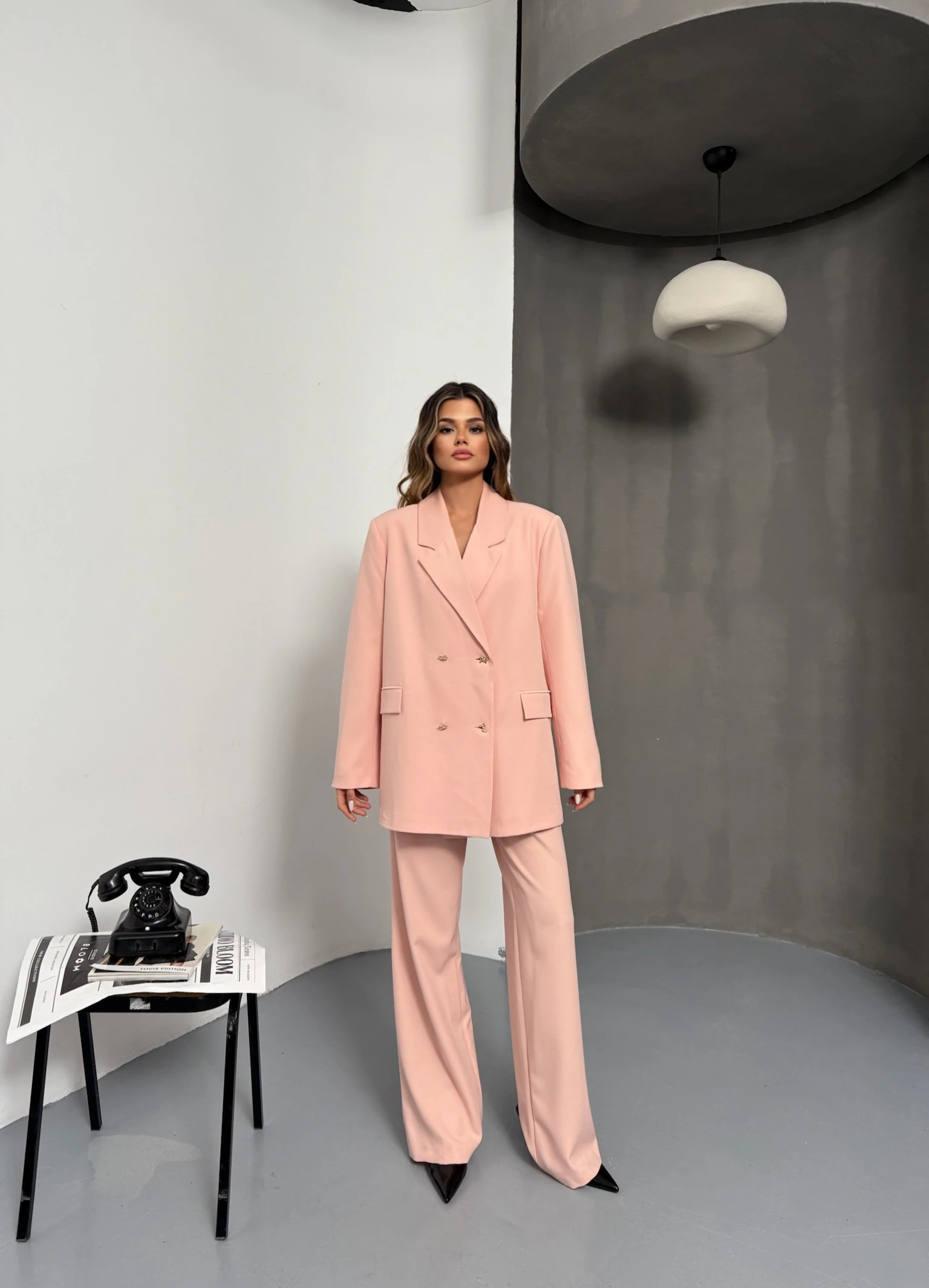 Kelebek Düğmeli Oversize Pudra Kruvaze Ceket