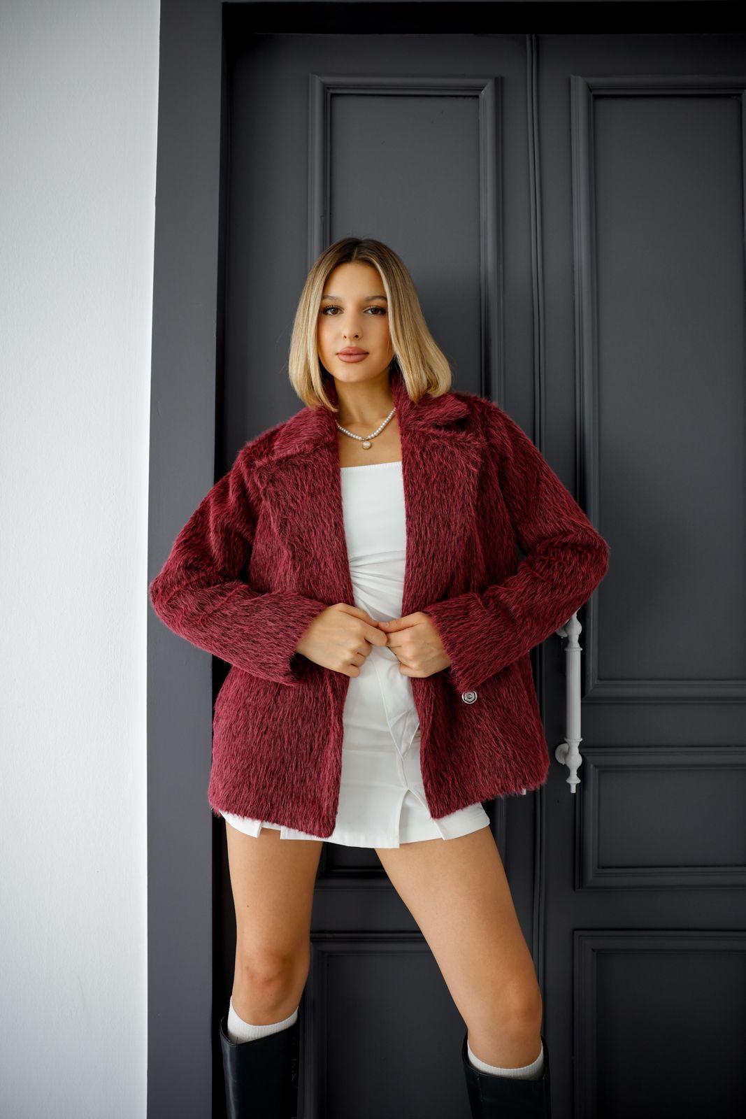 Kadın Alpaka Tüy Suni Kürk Çıtçıtlı Crop Biker Mont - Bordo