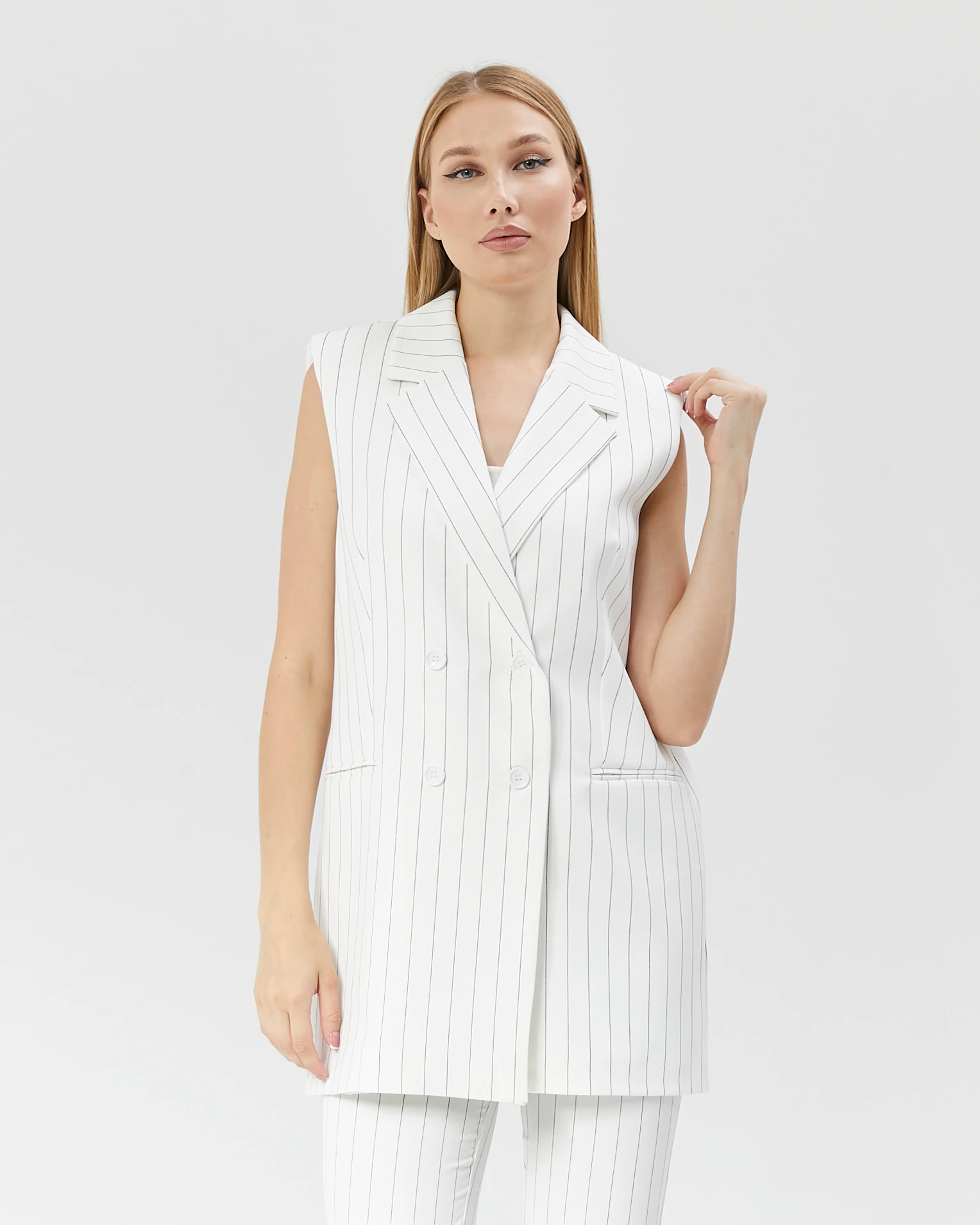 Kadın Uzun Çizgili Klasik Yelek - Ekru