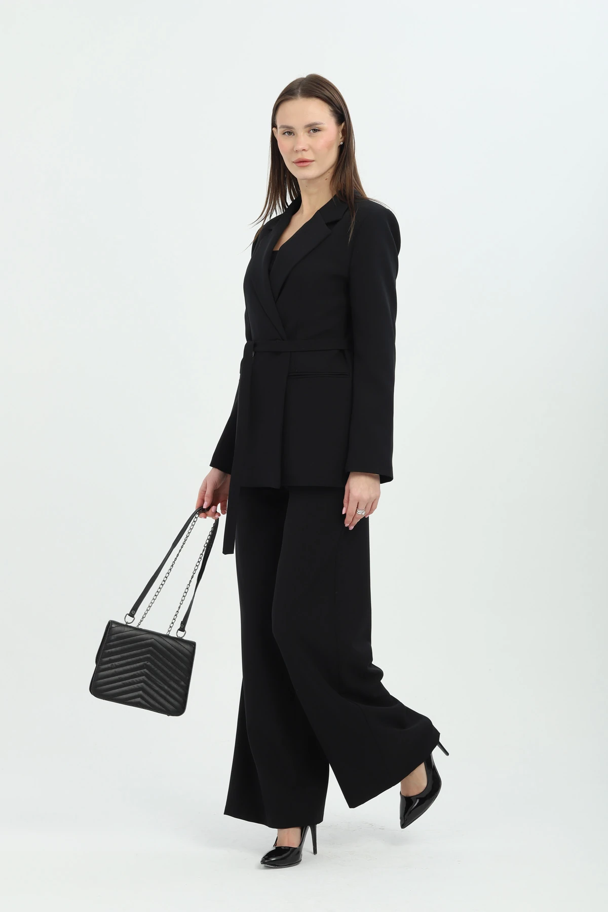 Bel Bağlamalı Siyah Kadın Kruvaze Takım