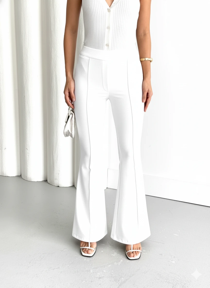 Kadın Beli Lastikli İspanyol Paça Çimalı Pantolon