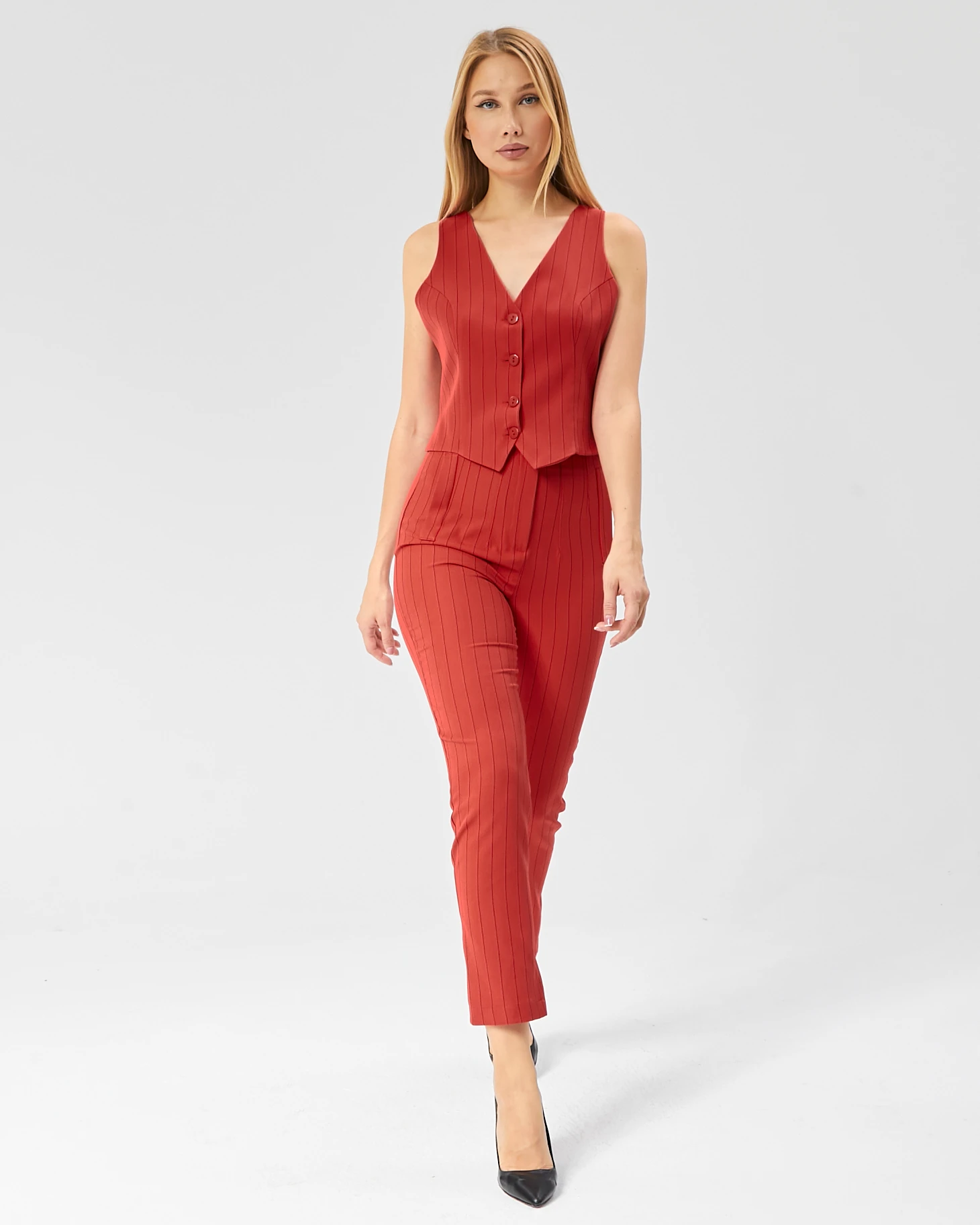 Kadın Çizgili Tokalı Kısa Cepken Yelek 