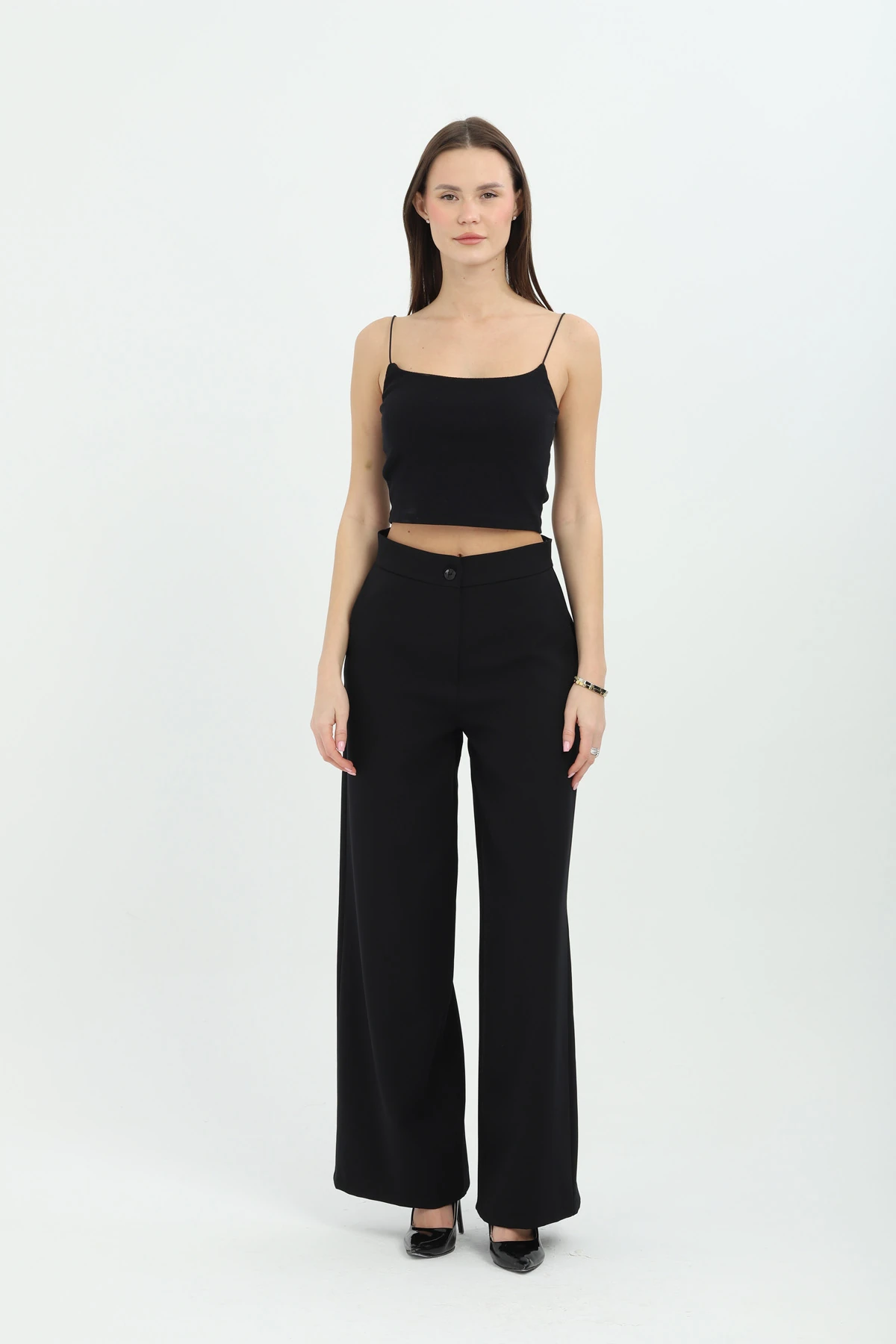 Bel Bağlamalı Siyah Kadın Kruvaze Takım