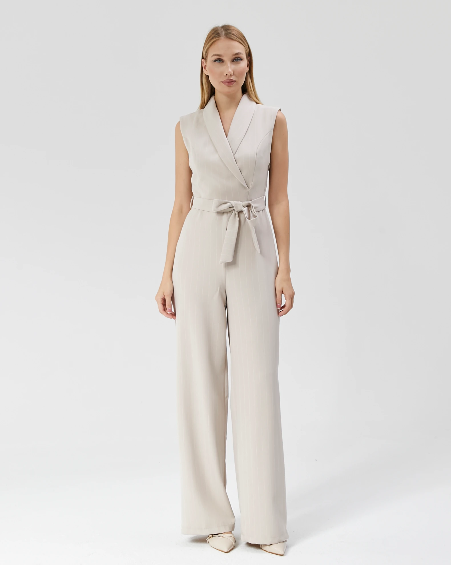 Kadın Çizgili Kuşaklı Kumaş Tulum