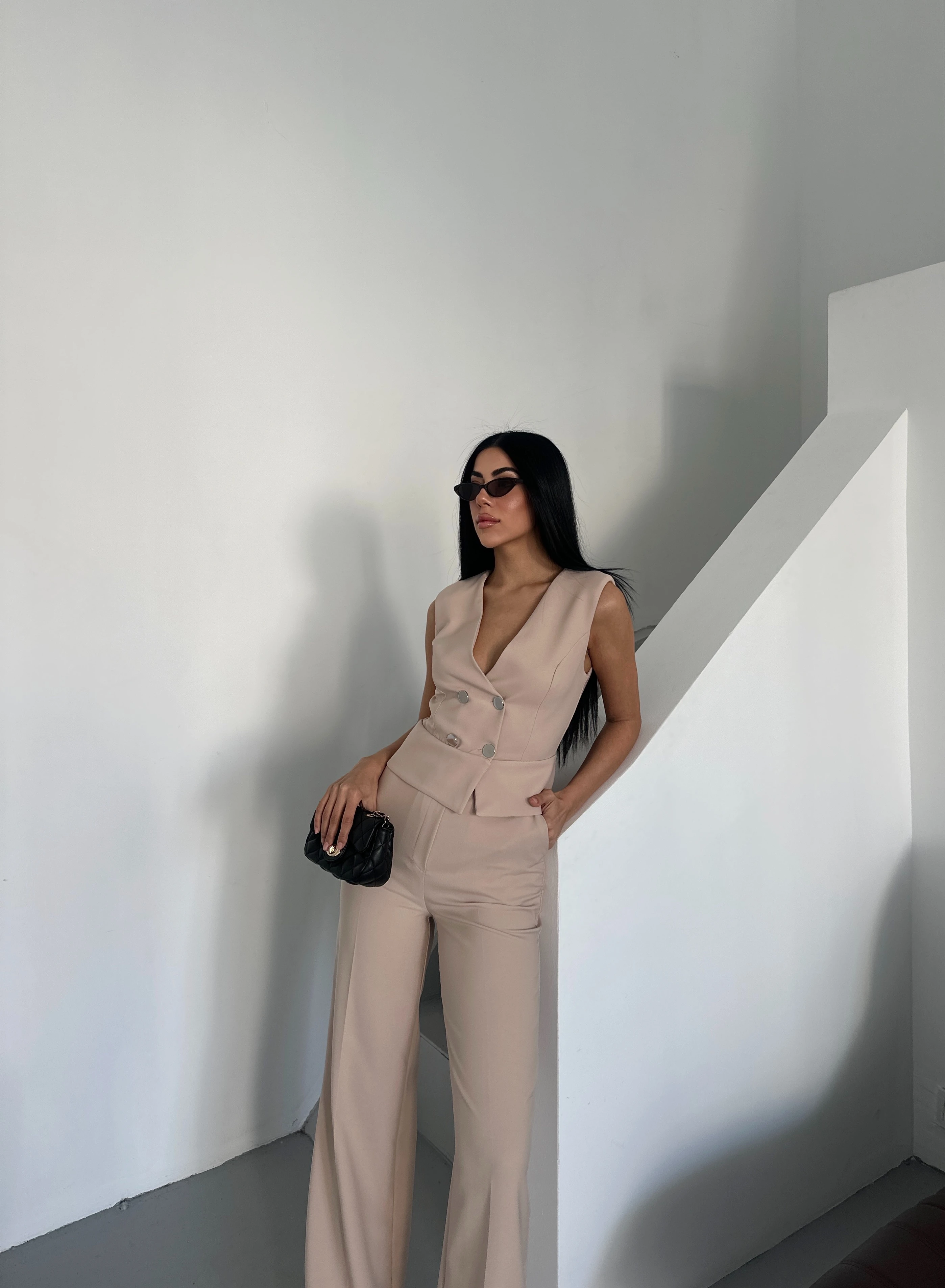 Kadın Kuşaklı Düğme Detaylı Kumaş Tulum