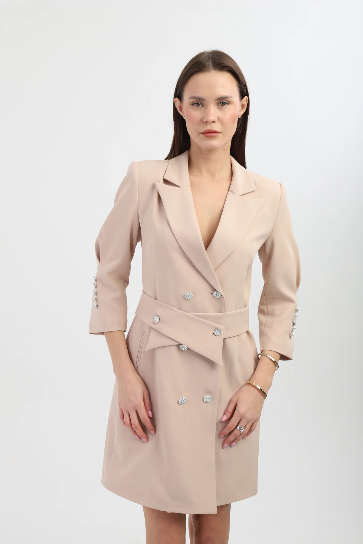 Kruvaze Çıkarılabilir Kemerli Uzun Bej Ceket