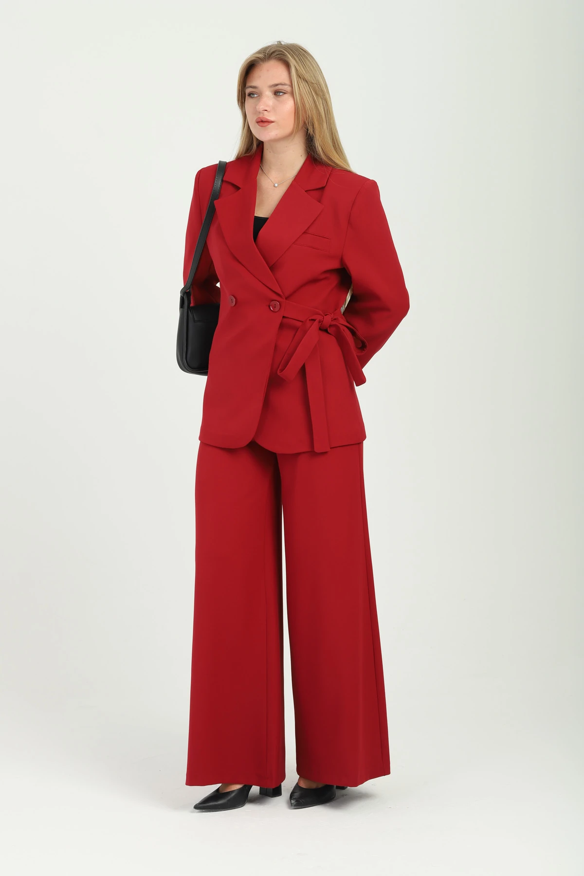 Çift Düğmeli Yandan Bağlamalı Kruvaze Nar Çiçeği Kadın Takım