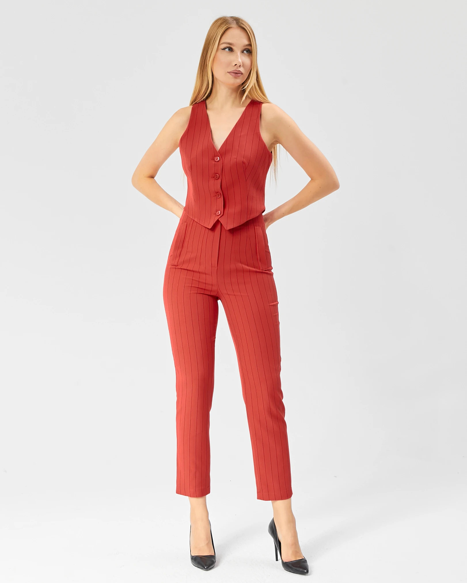 Kadın Çizgili Tokalı Kısa Cepken Yelek 