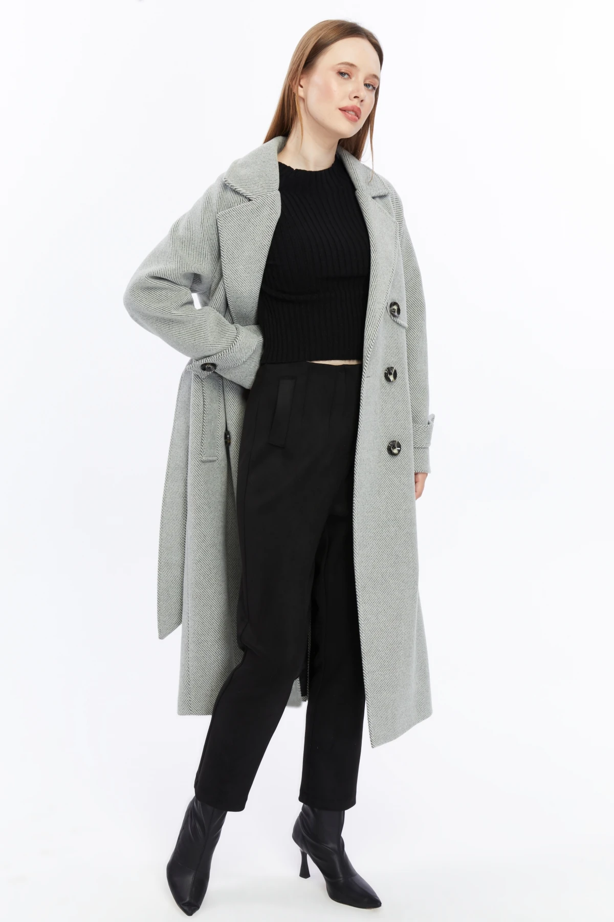 Kadın Çizgili Uzun Palto Kaşe Kaban