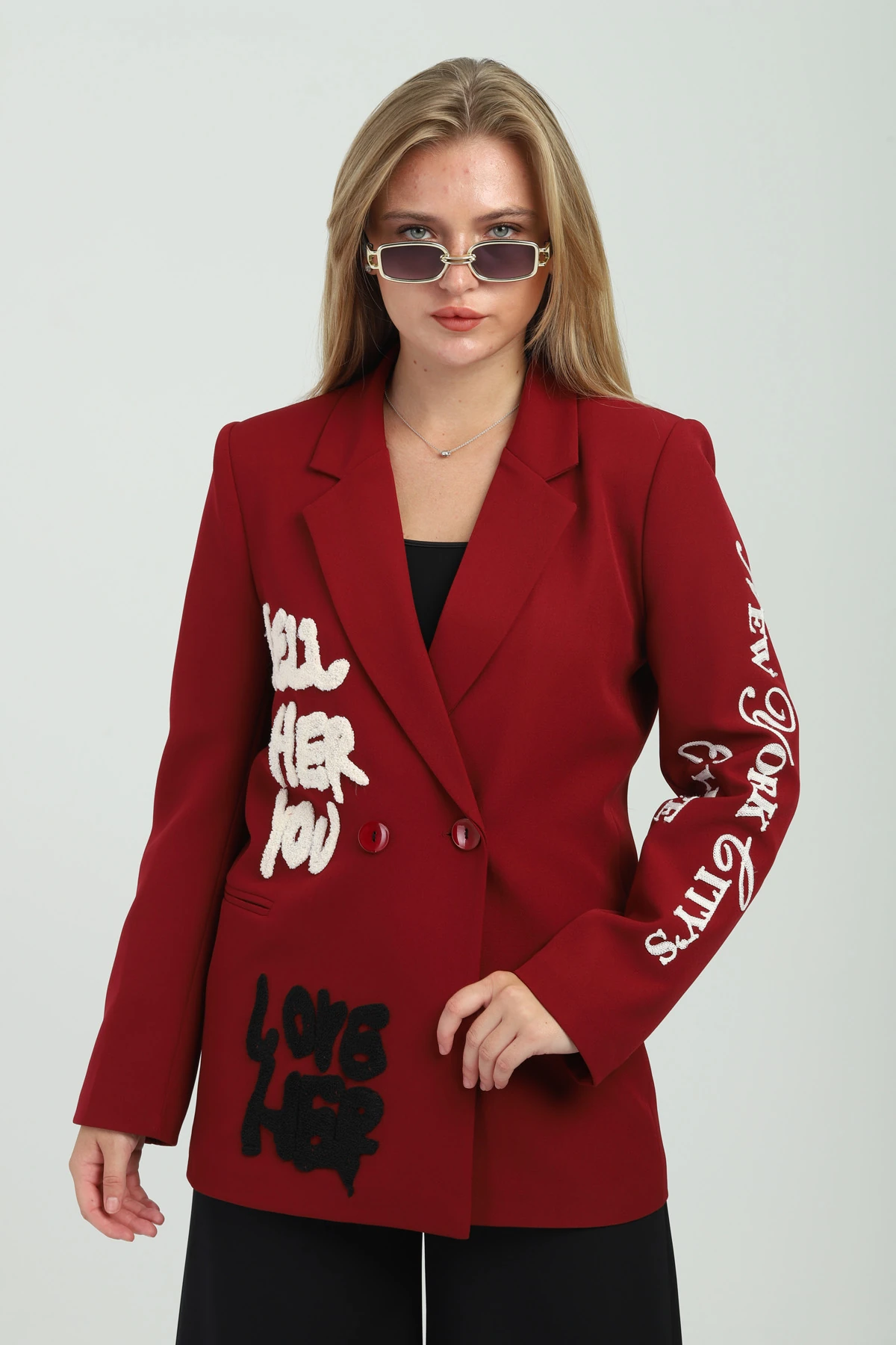 Çift Düğmeli Kruvaze Nakışlı Nar Çiçeği Kadın Ceket