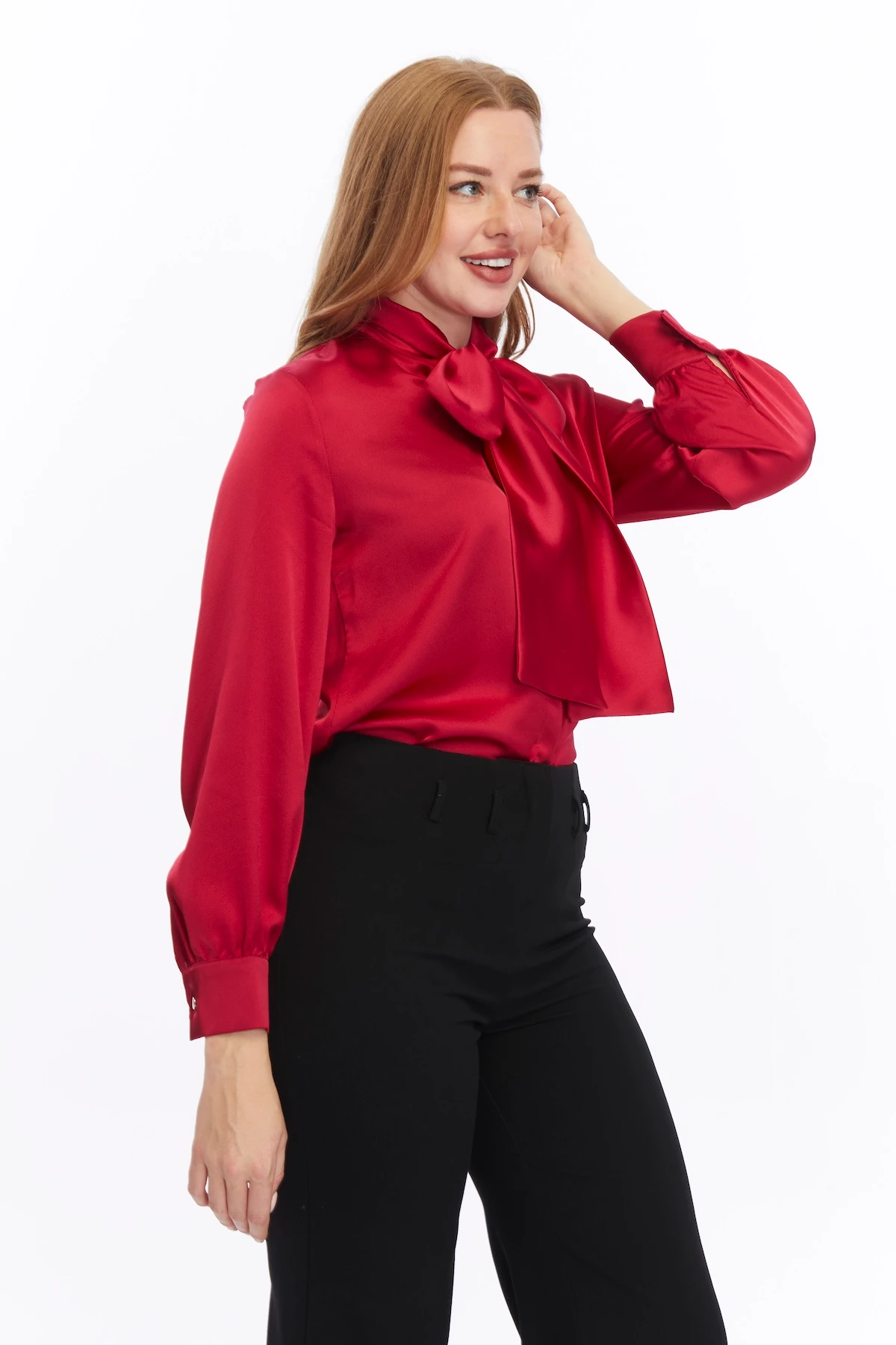 Kadın Fiyonklu Saten Düz Klasik Gömlek