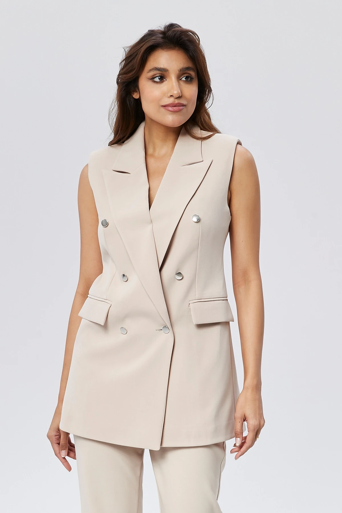 Kadın Düğmeli Klasik Vintage Yelek - Bej