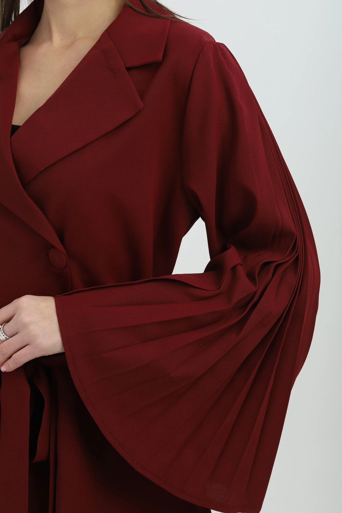 Bel Bağlamalı Piliseli Kol Bordo Kruvaze Takım