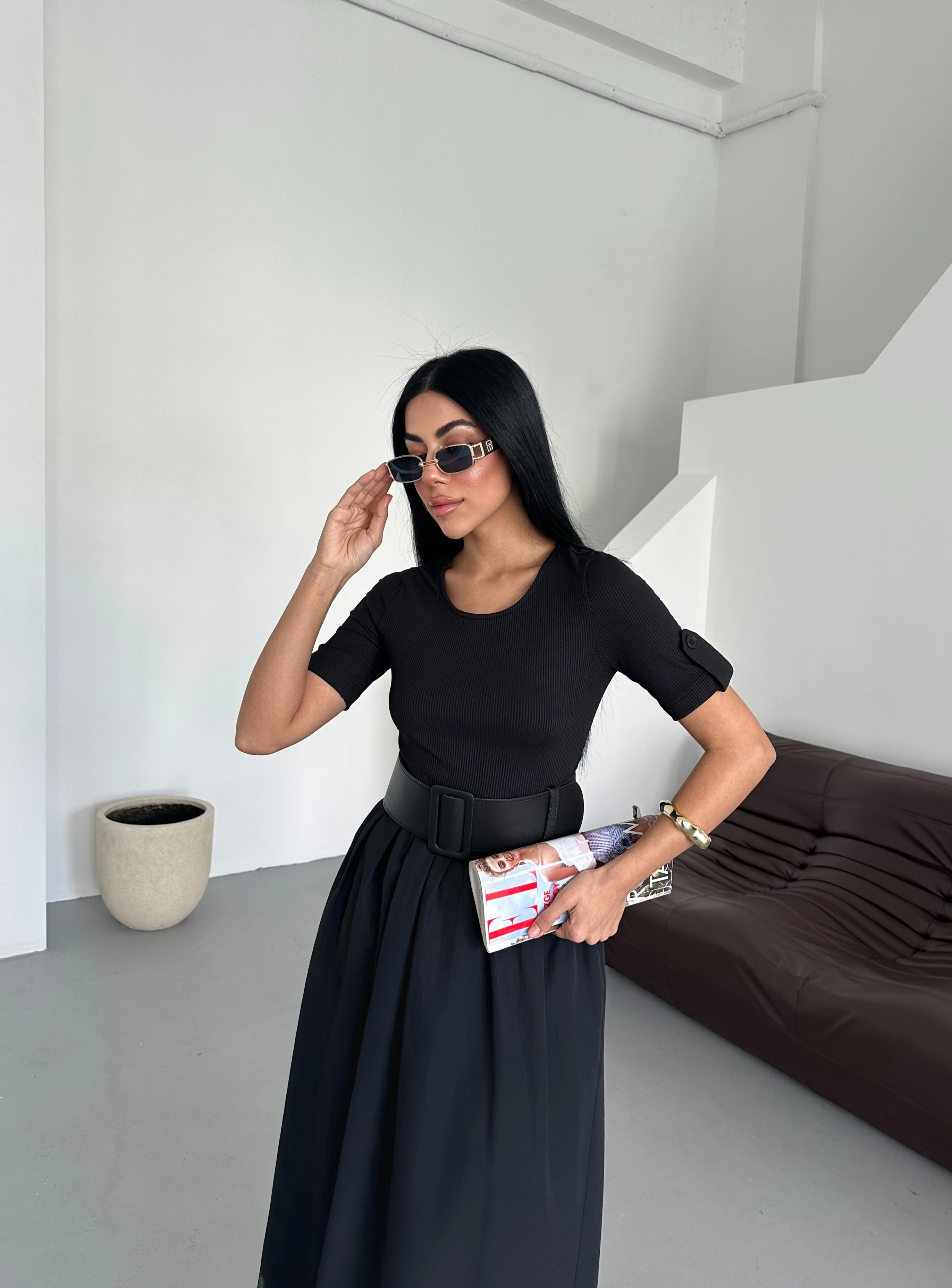 Kaşkorse Kısa Kol Kemerli Yazlık Siyah Kadın Elbise