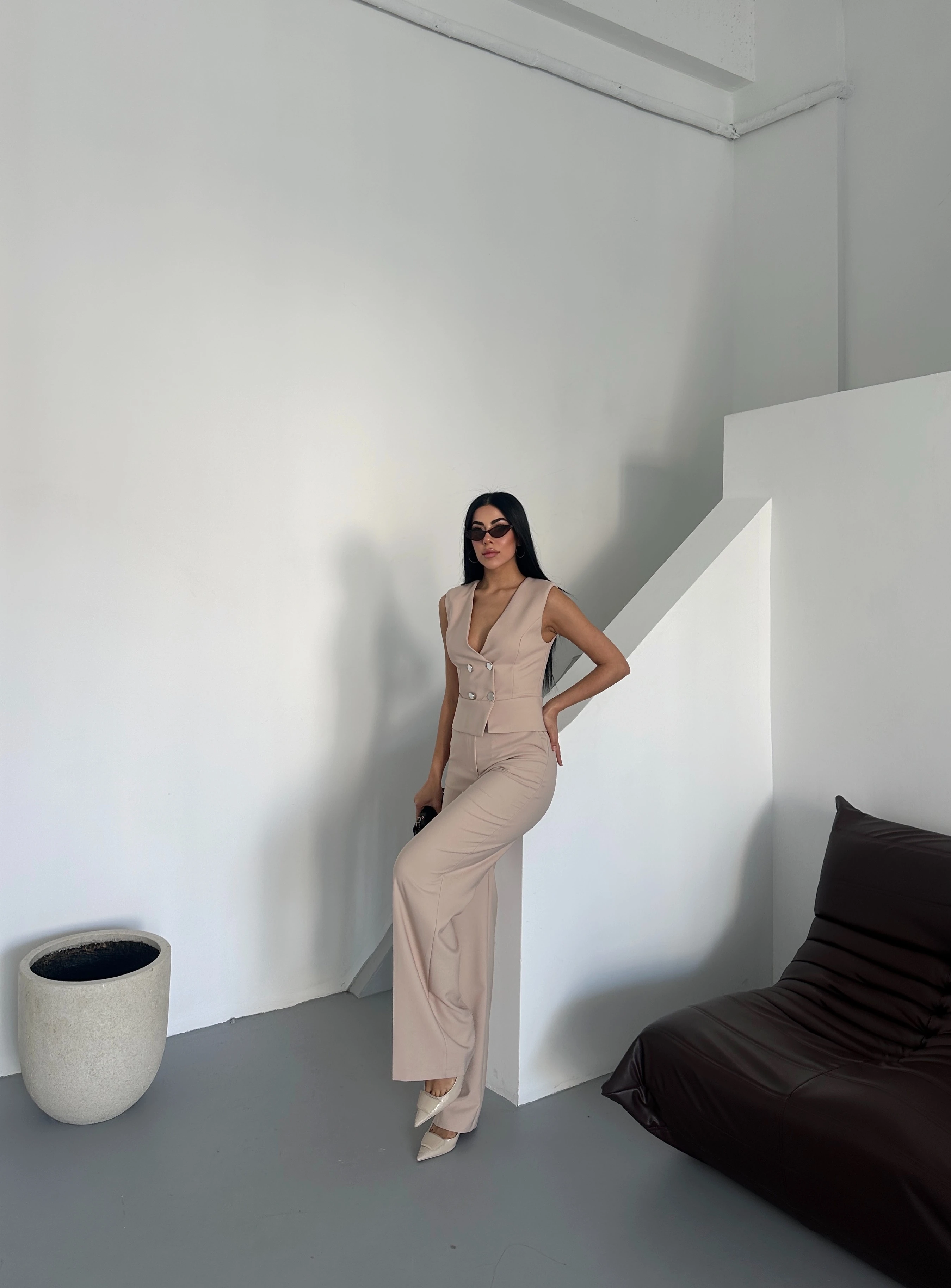 Kadın Kuşaklı Düğme Detaylı Kumaş Tulum