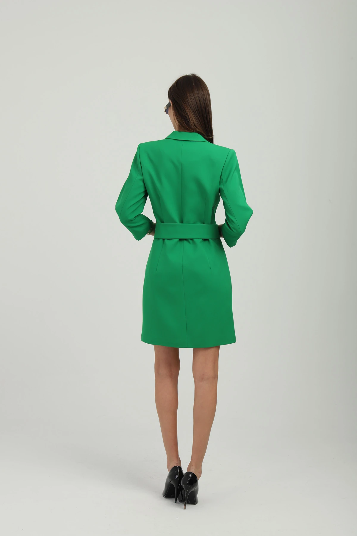 Kruvaze Çıkarılabilir Kemerli Uzun Yeşil Ceket