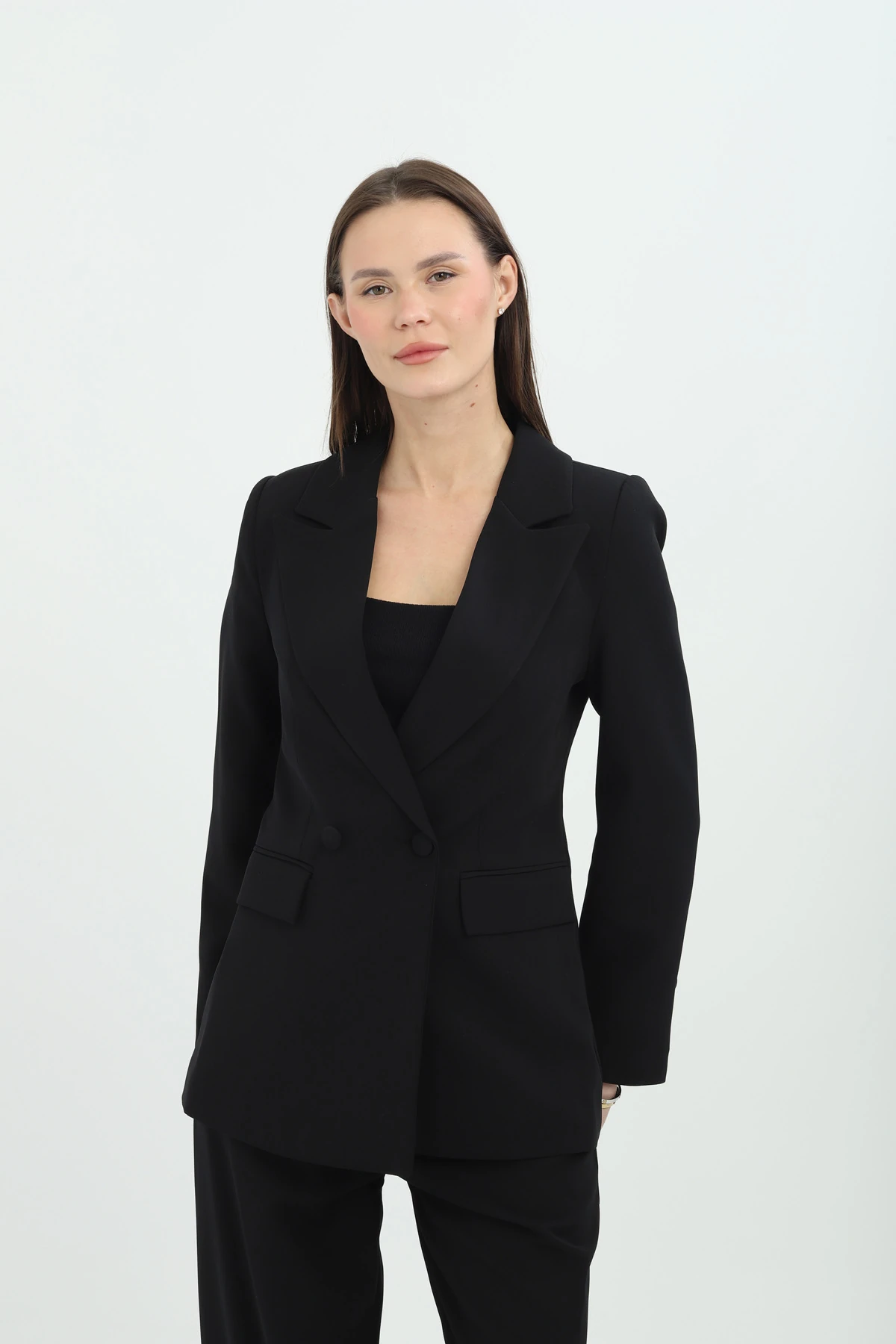 İki Düğmeli Siyah Kruvaze Ceket