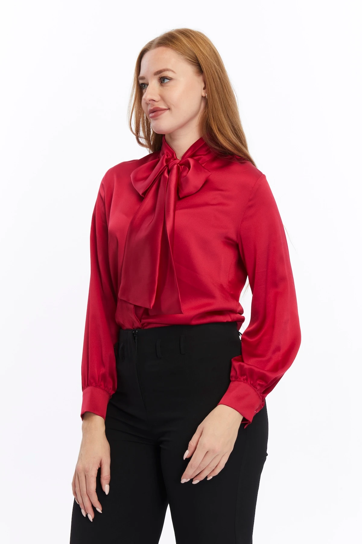 Kadın Fiyonklu Saten Düz Klasik Gömlek