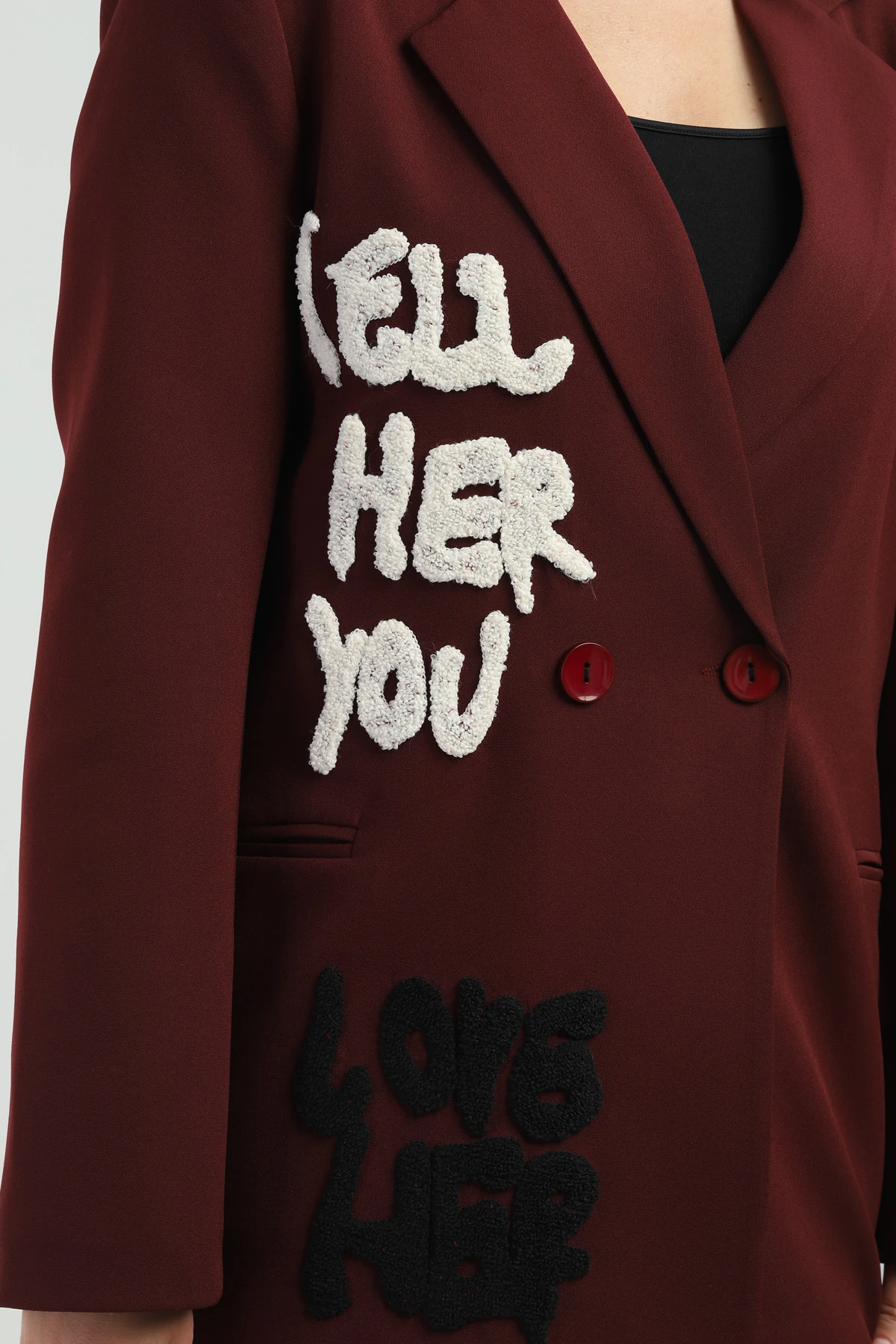 Çift Düğmeli Kruvaze Nakışlı Bordo Kadın Ceket