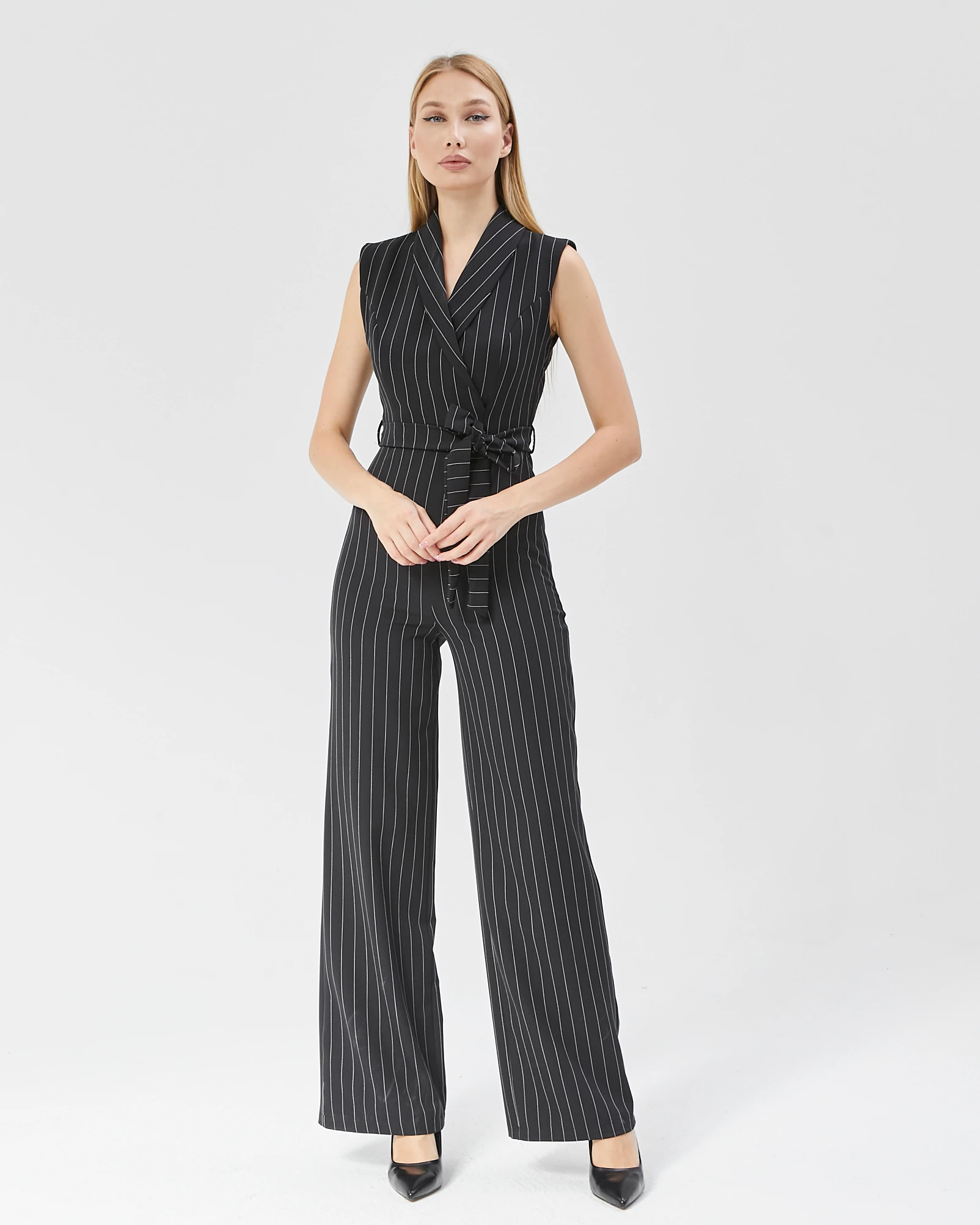 Kadın Çizgili Kuşaklı Kumaş Tulum - Siyah