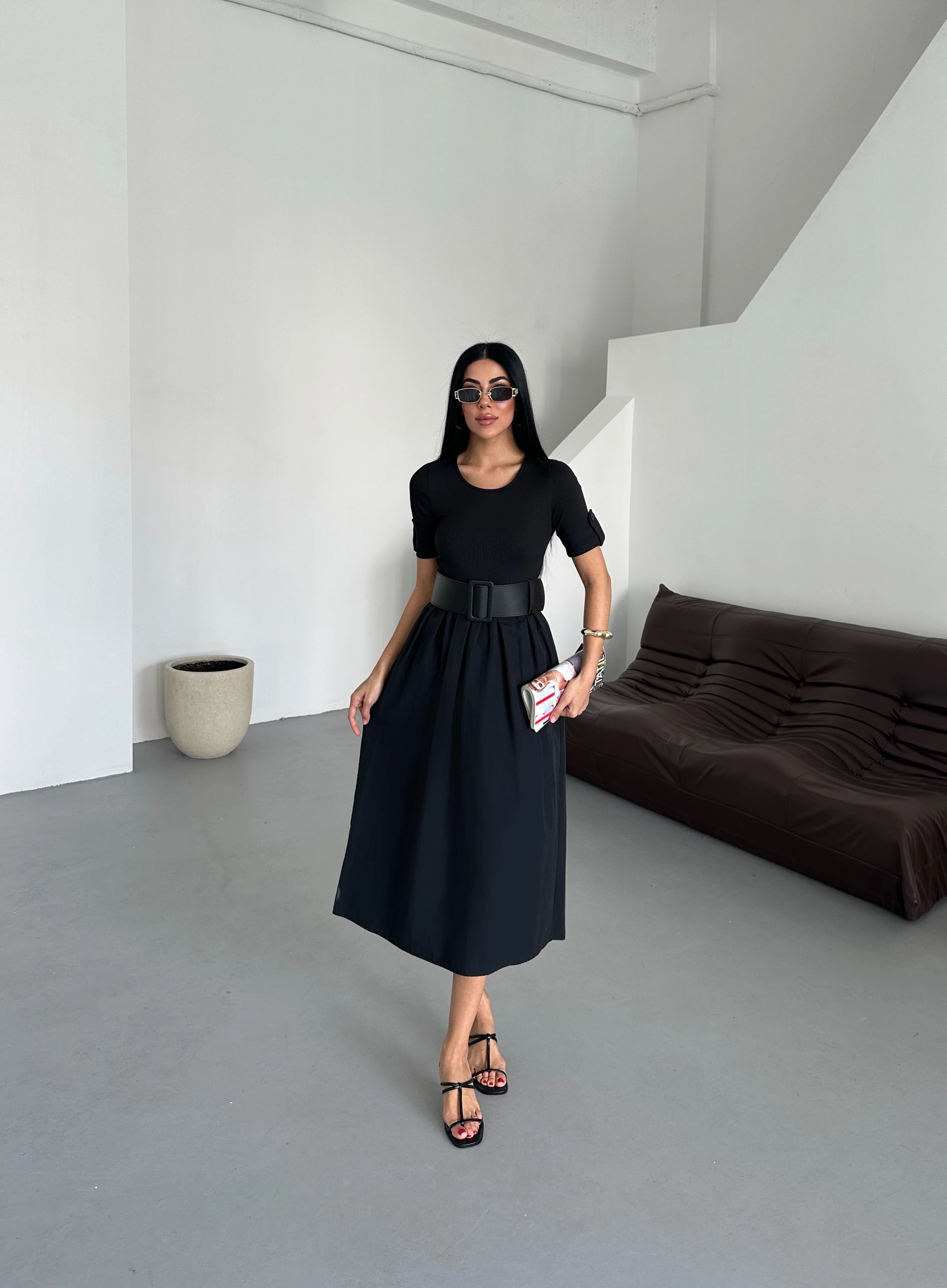 Kaşkorse Kısa Kol Kemerli Yazlık Siyah Kadın Elbise