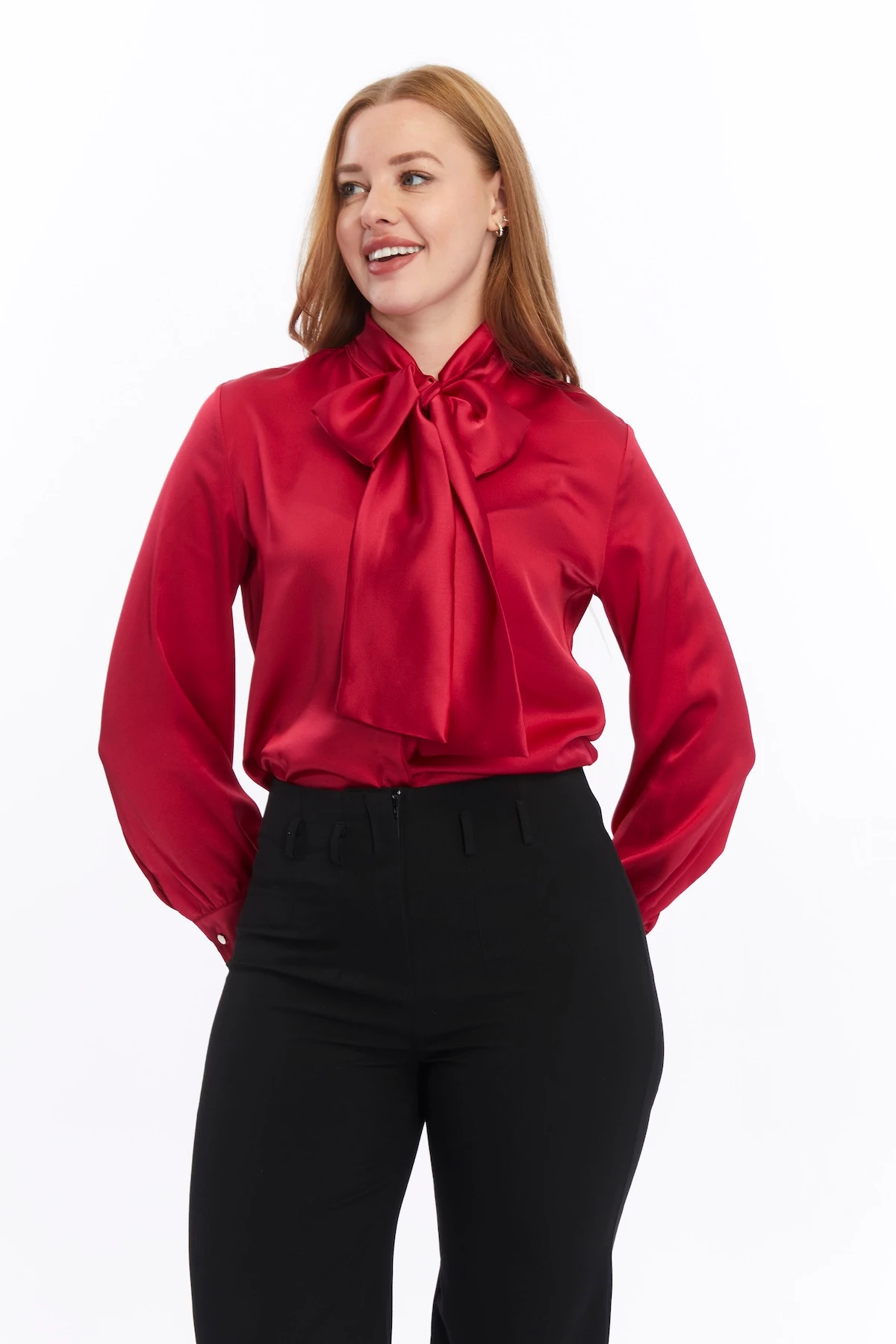 Kadın Fiyonklu Saten Düz Klasik Gömlek - Bordo