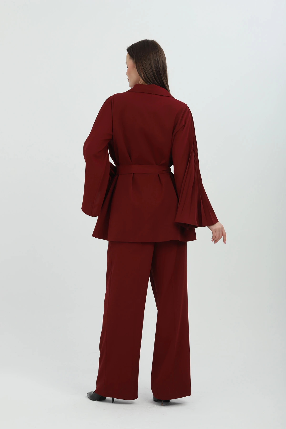 Bel Bağlamalı Piliseli Kol Bordo Kruvaze Takım