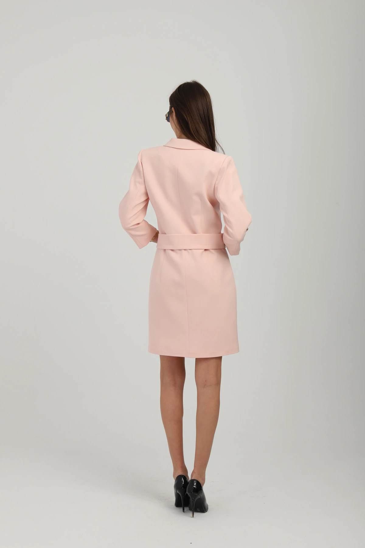 Kruvaze Çıkarılabilir Kemerli Uzun Pudra Ceket