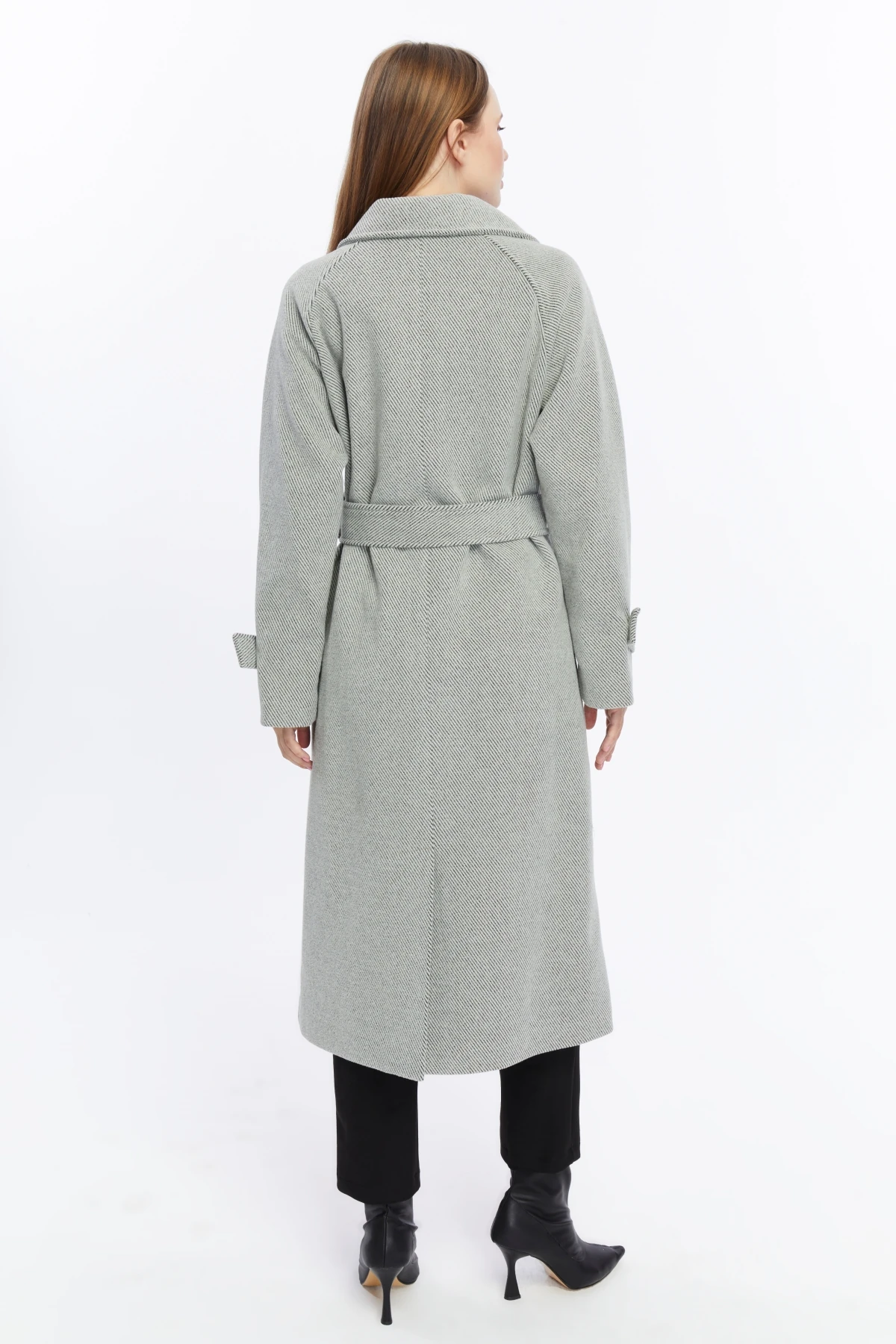 Kadın Çizgili Uzun Palto Kaşe Kaban