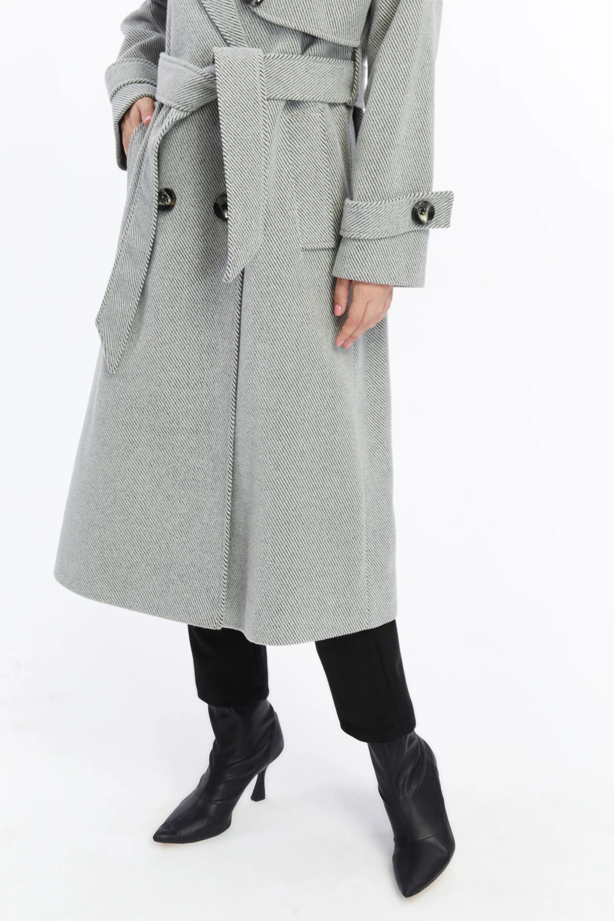 Kadın Çizgili Uzun Palto Kaşe Kaban