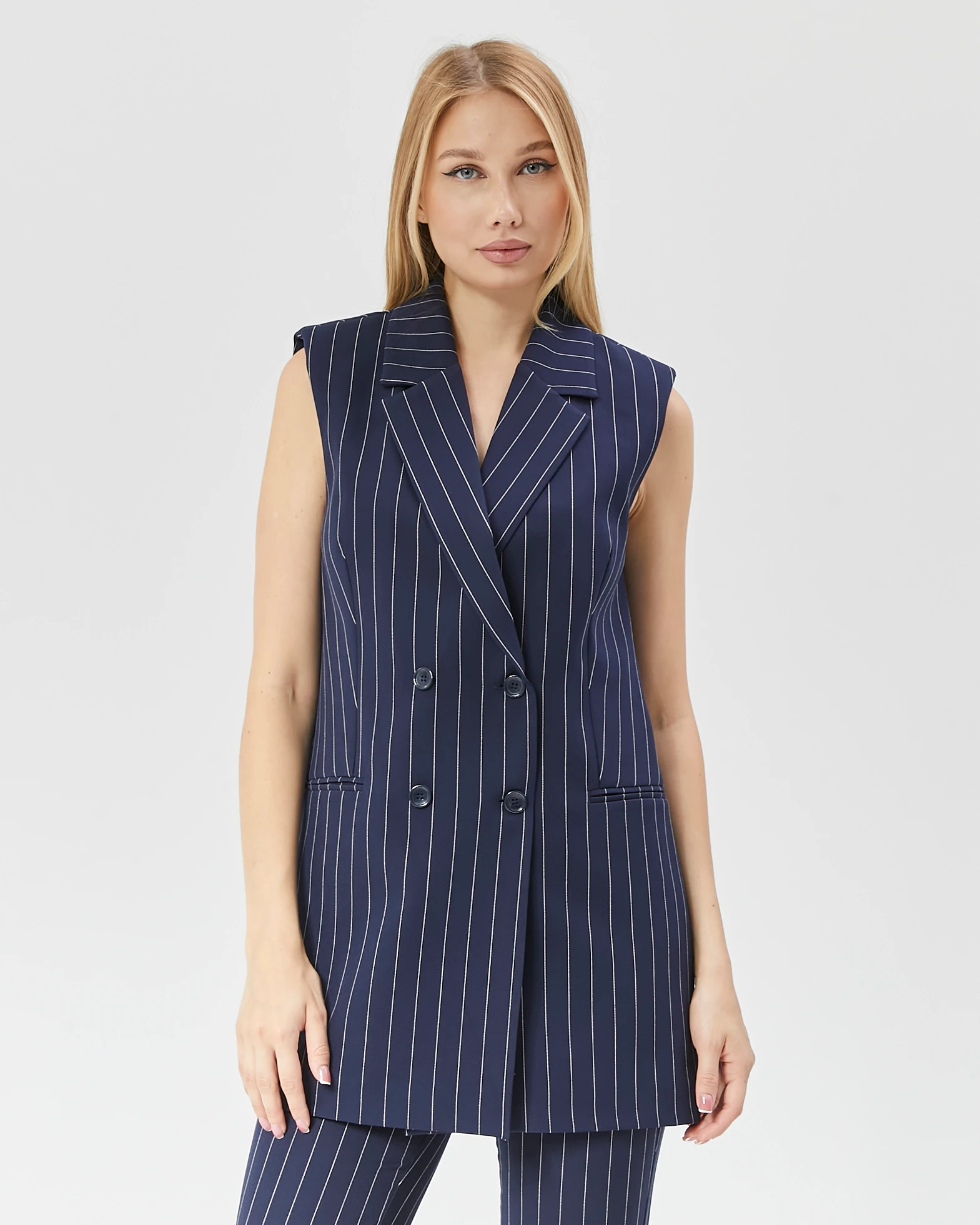 Kadın Uzun Çizgili Klasik Yelek - Lacivert