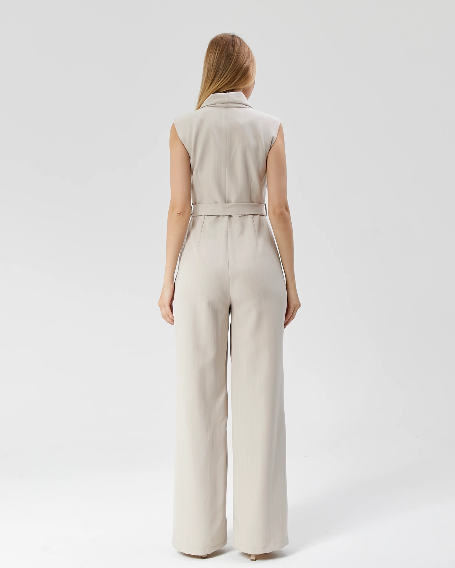 Kadın Çizgili Kuşaklı Kumaş Tulum