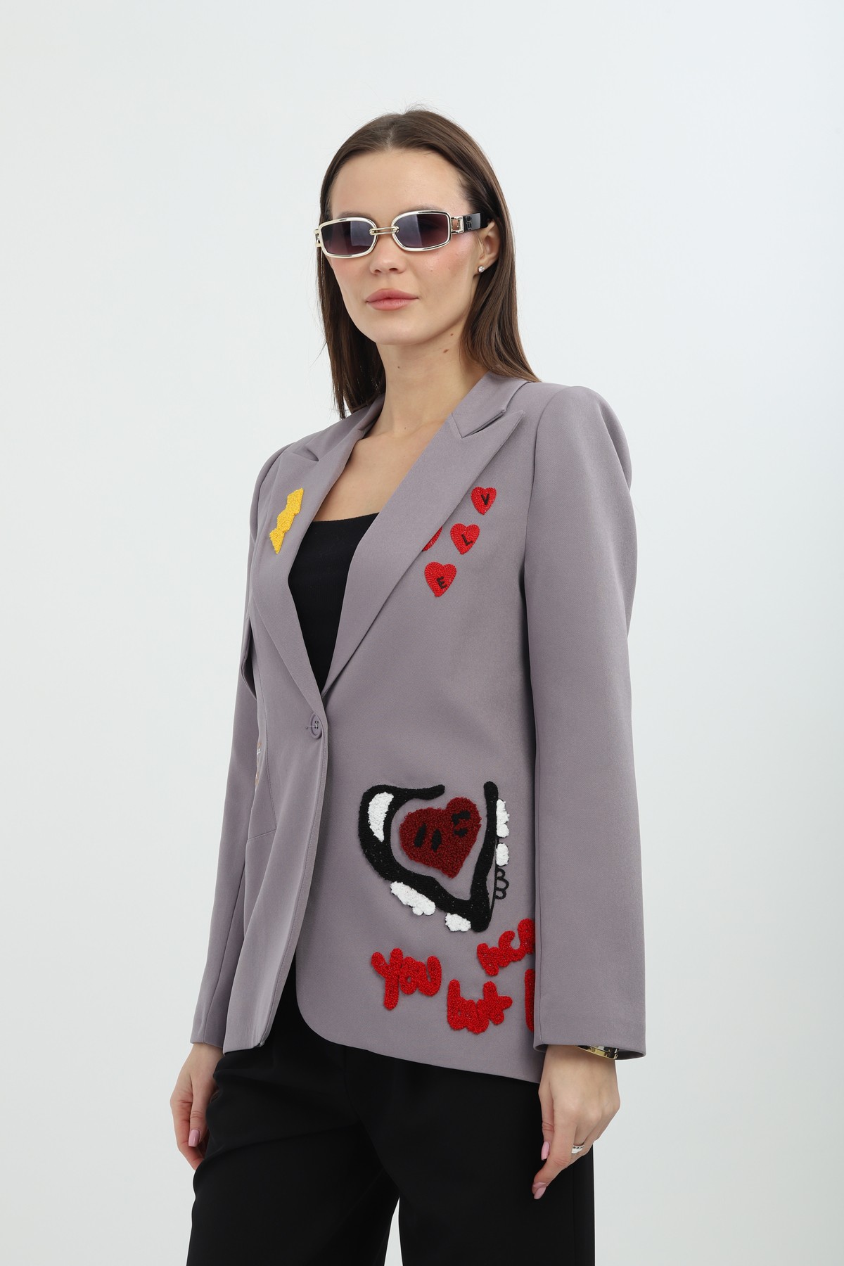 Nakışlı Gri Blazer Ceket