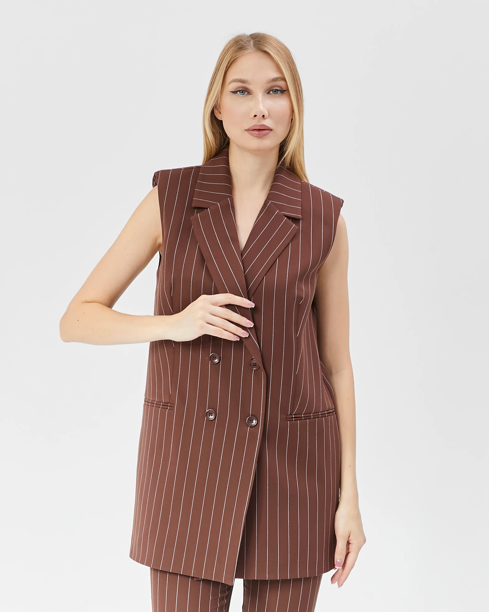 Kadın Uzun Çizgili Klasik Yelek - Kahverenk