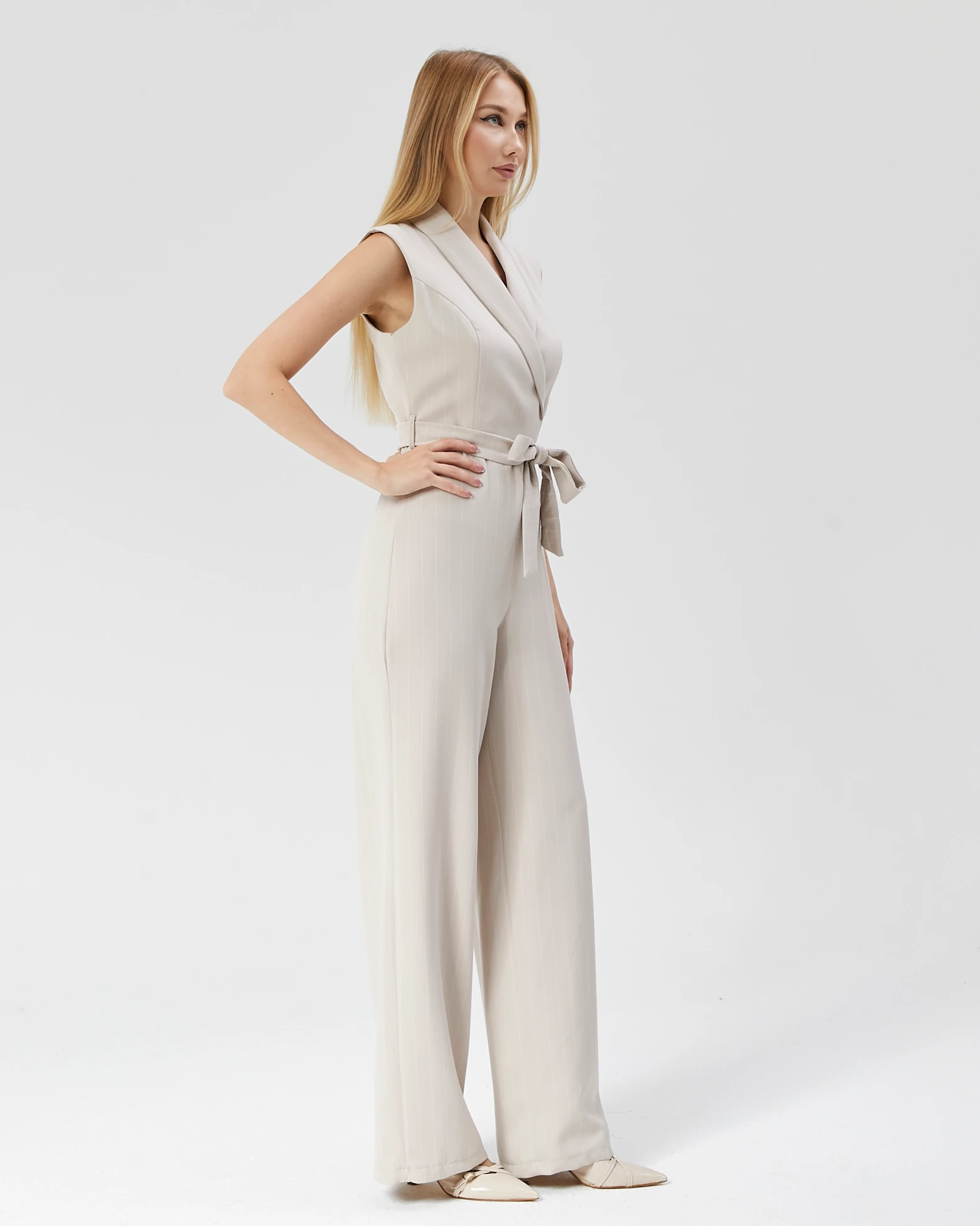 Kadın Çizgili Kuşaklı Kumaş Tulum