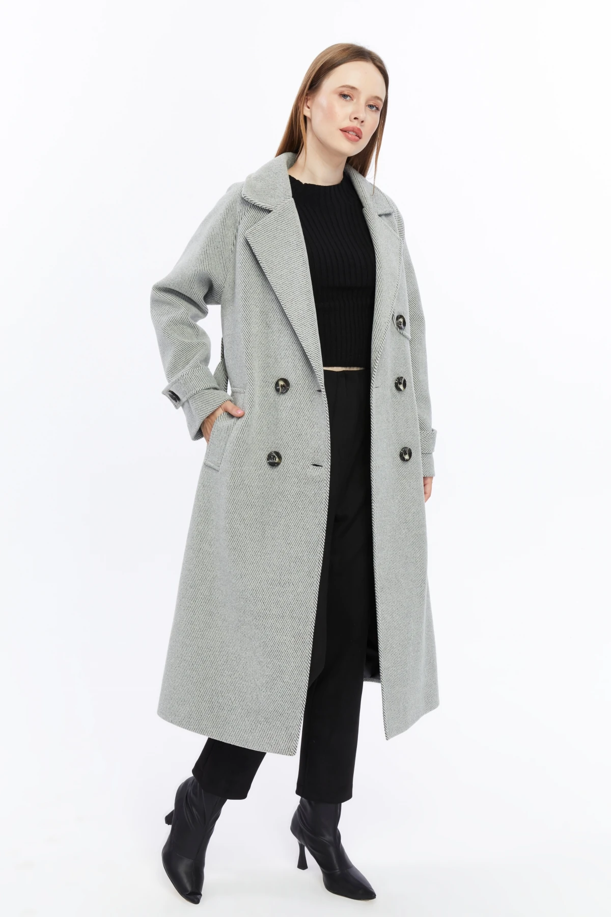 Kadın Çizgili Uzun Palto Kaşe Kaban