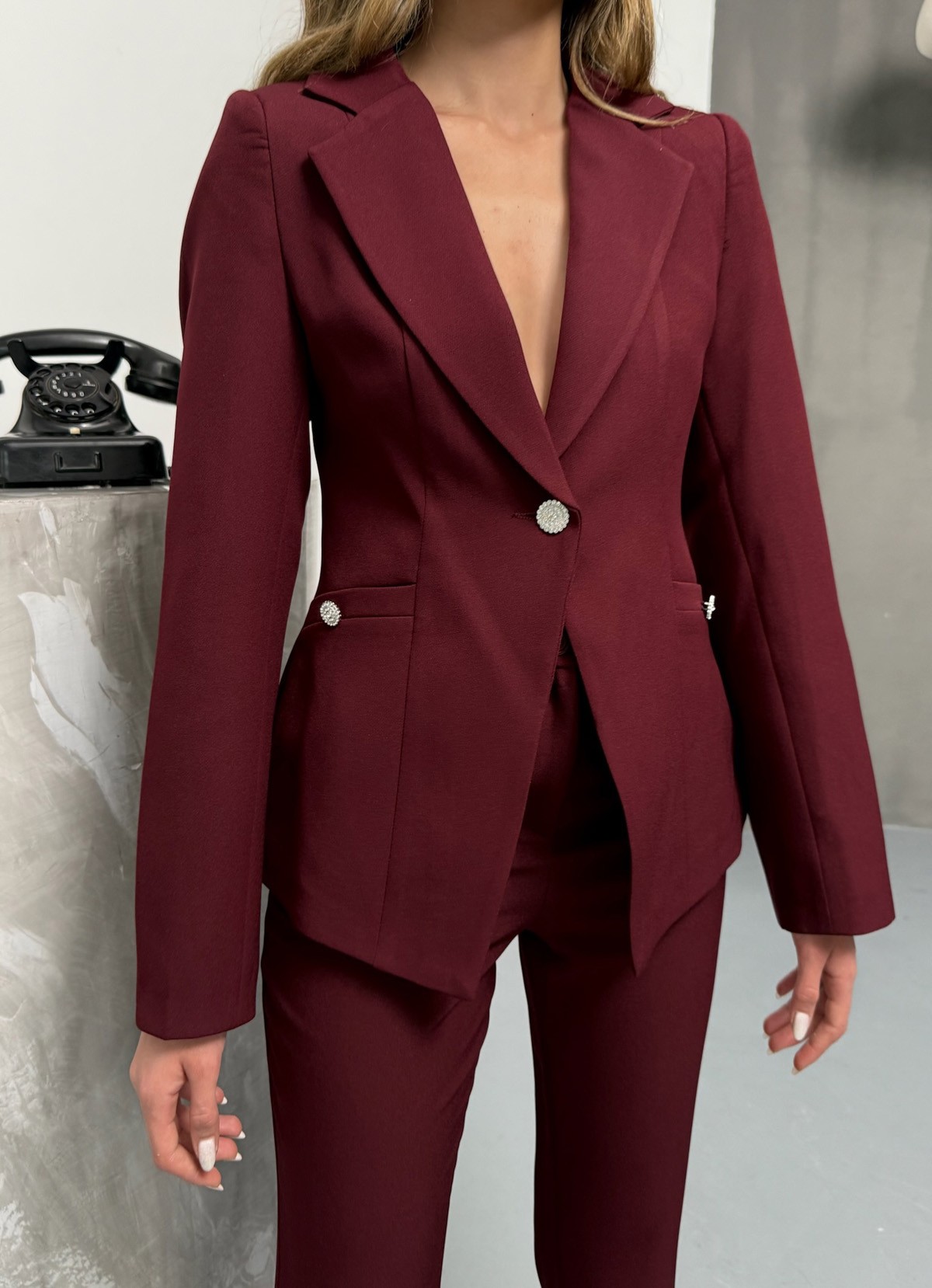 Düğme Detaylı Kadın Bordo Blazer Ceket