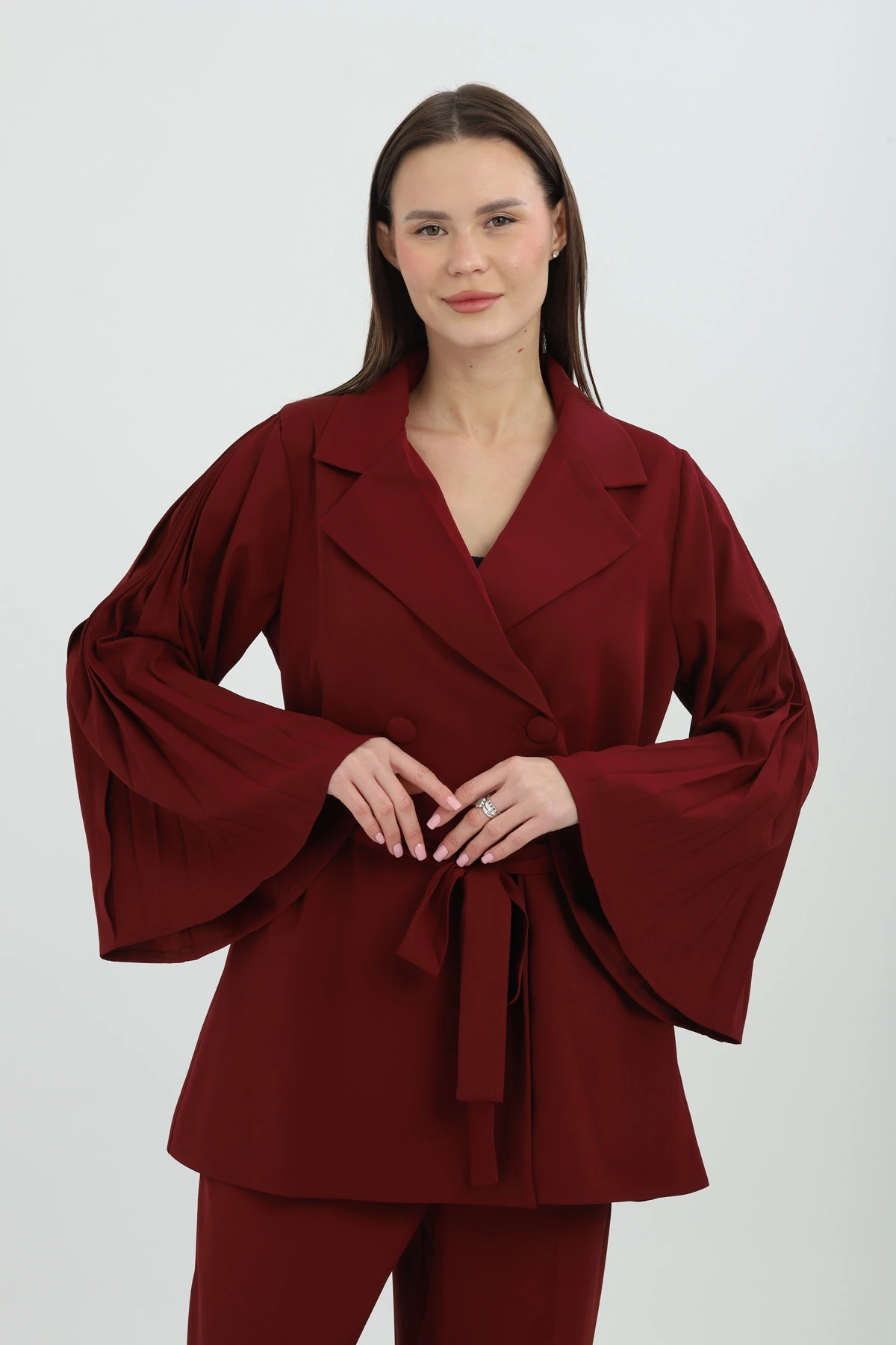 Bel Bağlamalı Piliseli Kol Bordo Kruvaze Takım