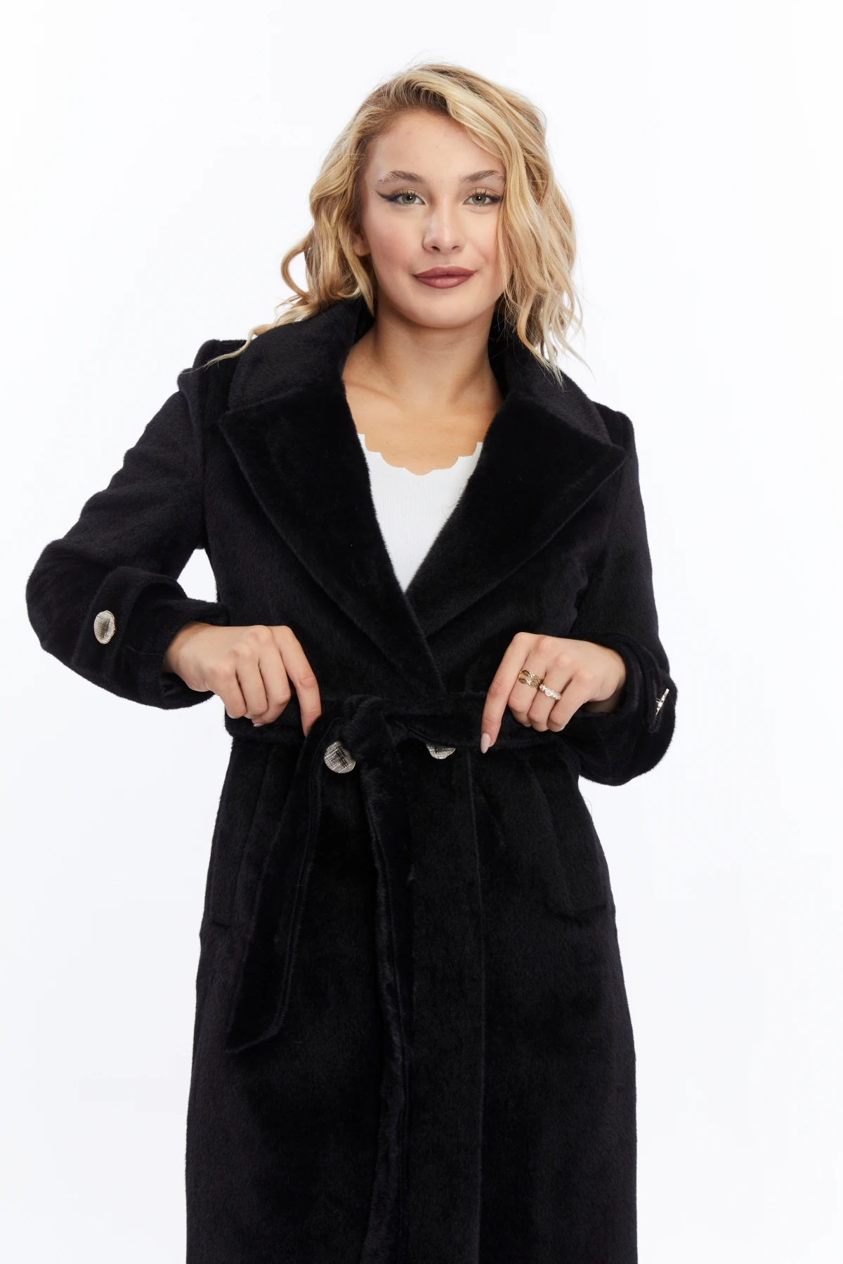 Kadın Kuşaklı Fox Kürk Kaşe Kaban