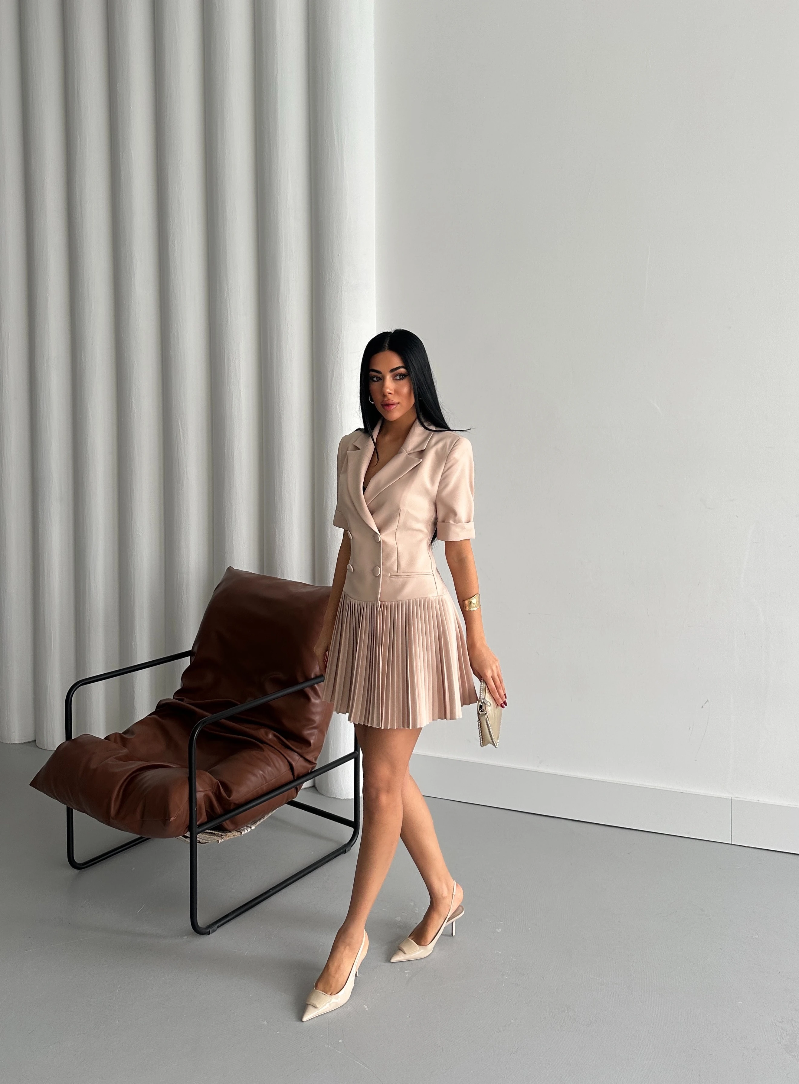 Kadın Eteği Pliseli Yarım Kol Ceket Elbise 