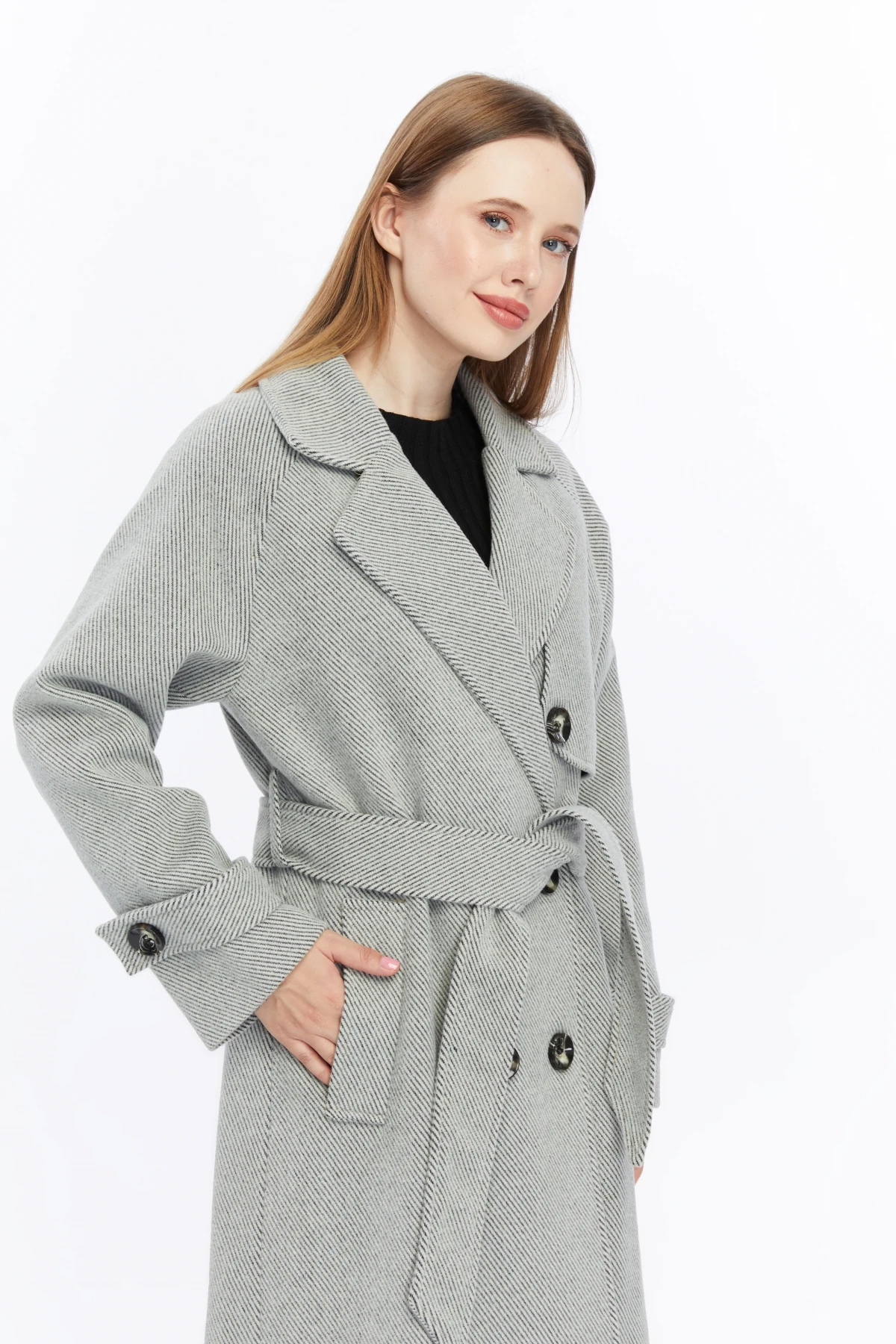 Kadın Çizgili Uzun Palto Kaşe Kaban