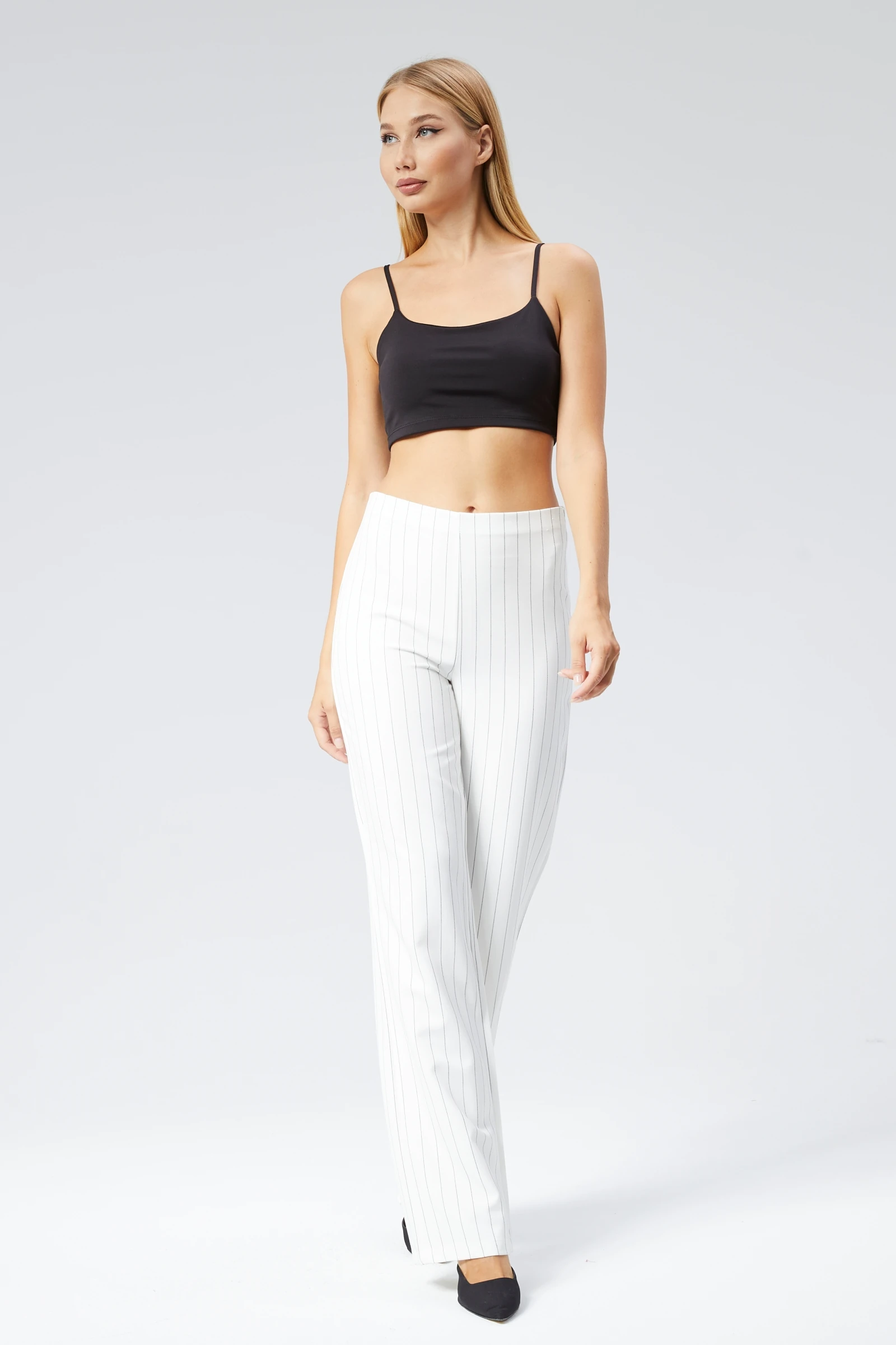 Kadın Çizgili Bol Paça Kumaş Pantolon