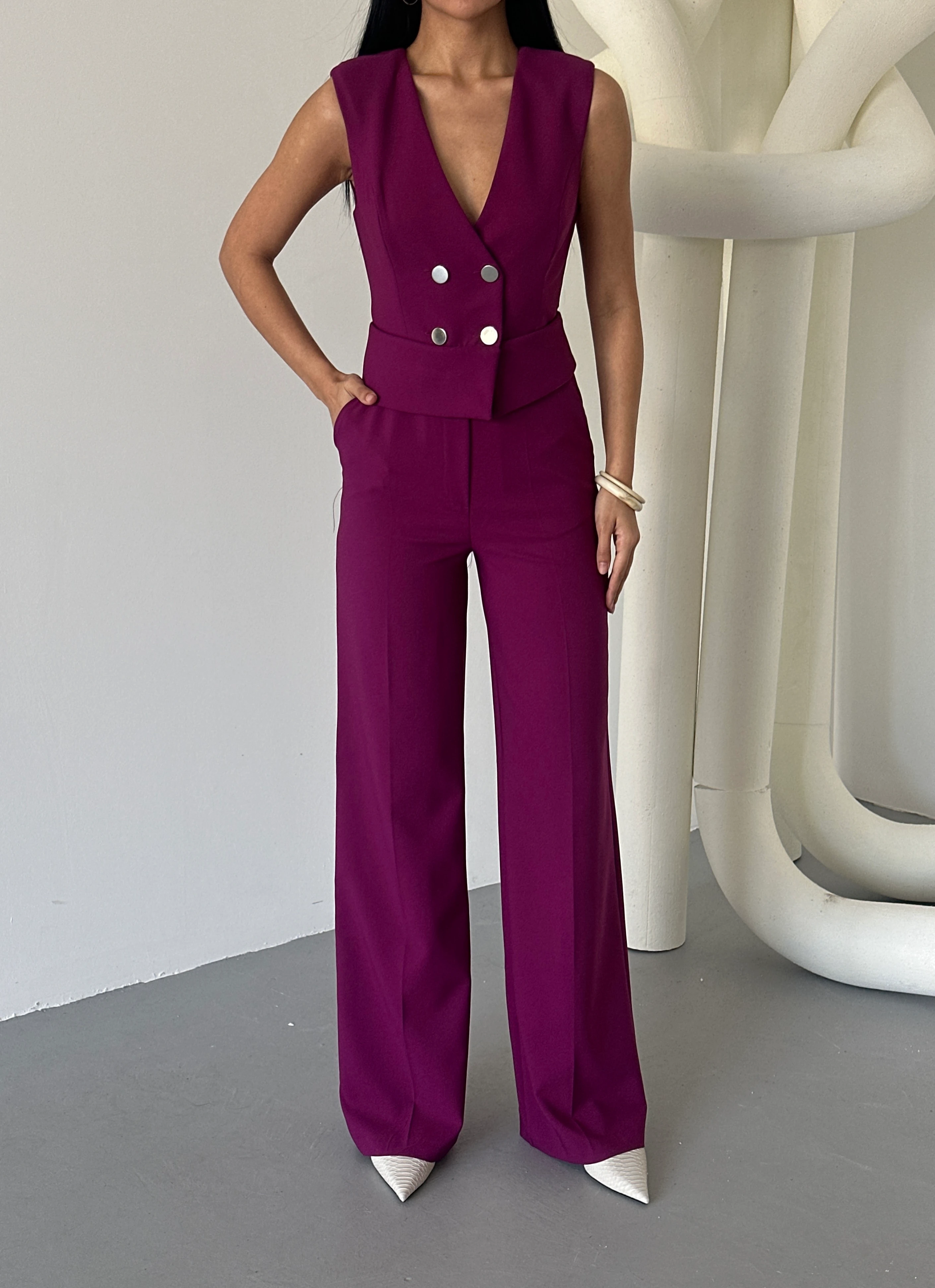 Kadın Kuşaklı Düğme Detaylı Kumaş Tulum - Fuşya