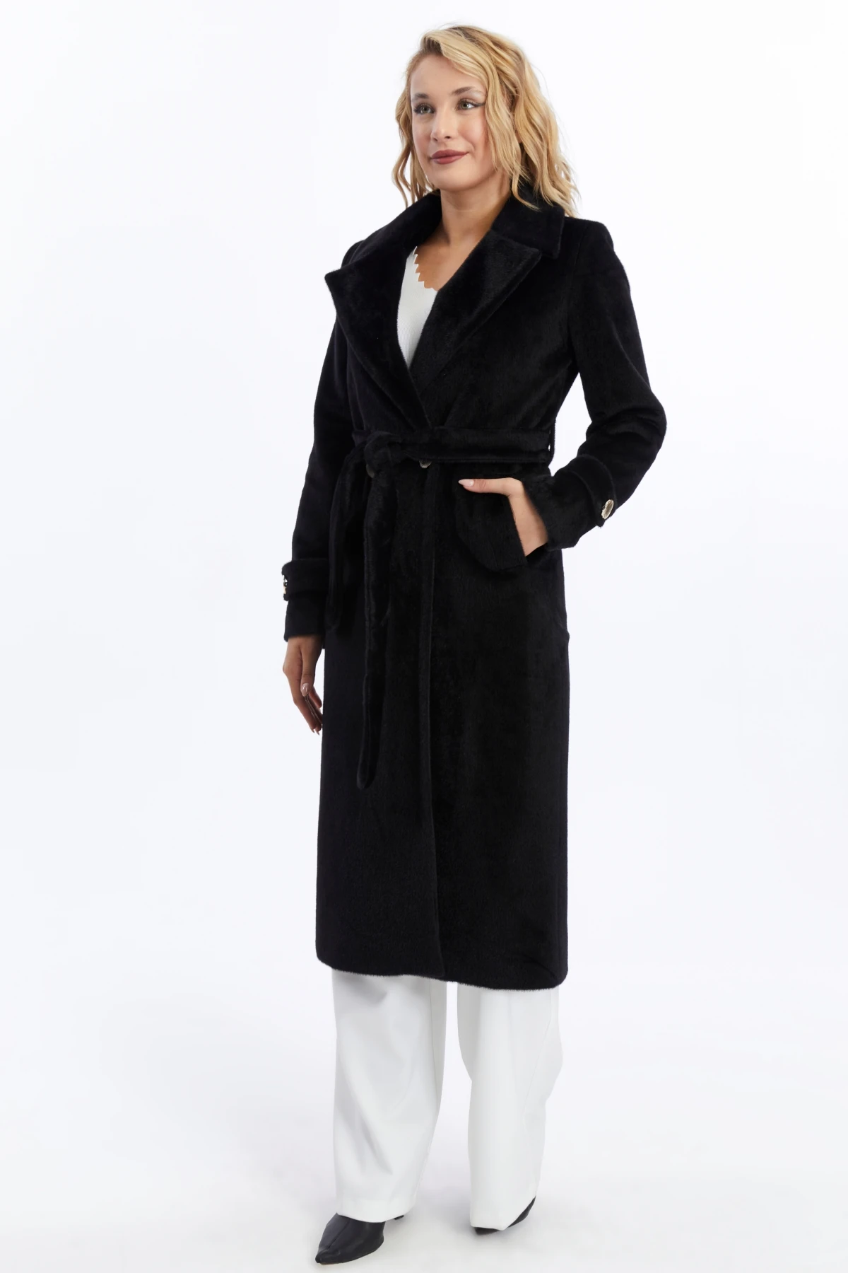 Kadın Kuşaklı Fox Kürk Kaşe Kaban