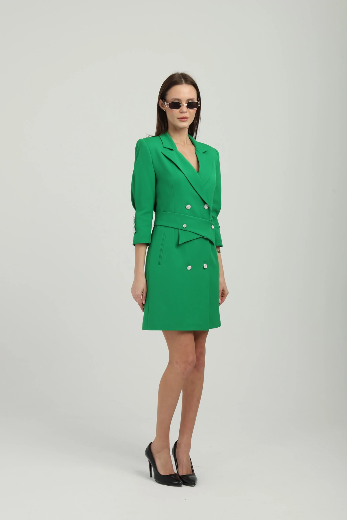 Kruvaze Çıkarılabilir Kemerli Uzun Yeşil Ceket