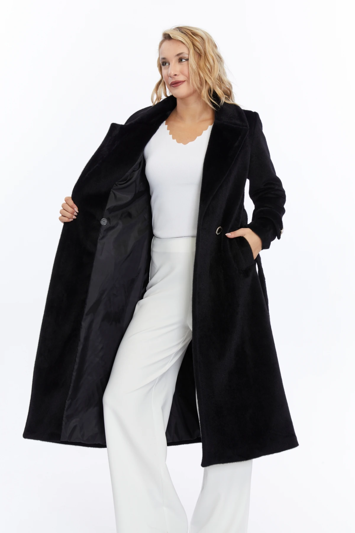 Kadın Kuşaklı Fox Kürk Kaşe Kaban